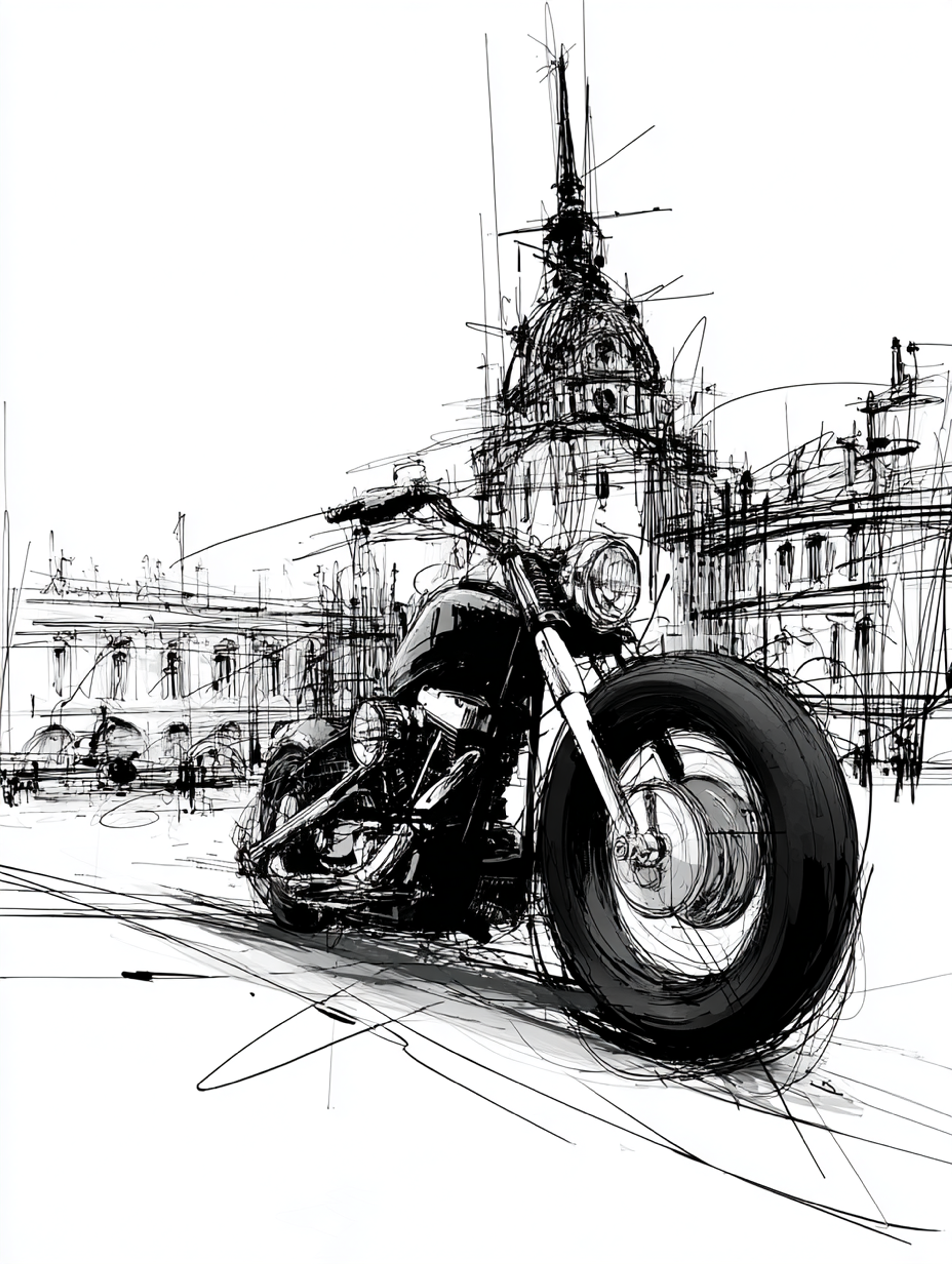 Expressive Black Ink Classic Motorcycle Sketch