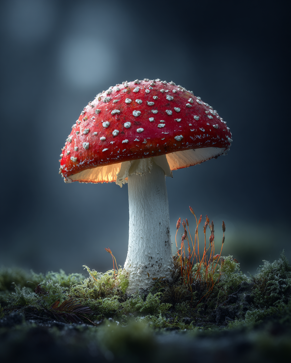 Hyperrealistic Fly Agaric Mushroom Macro Portrait