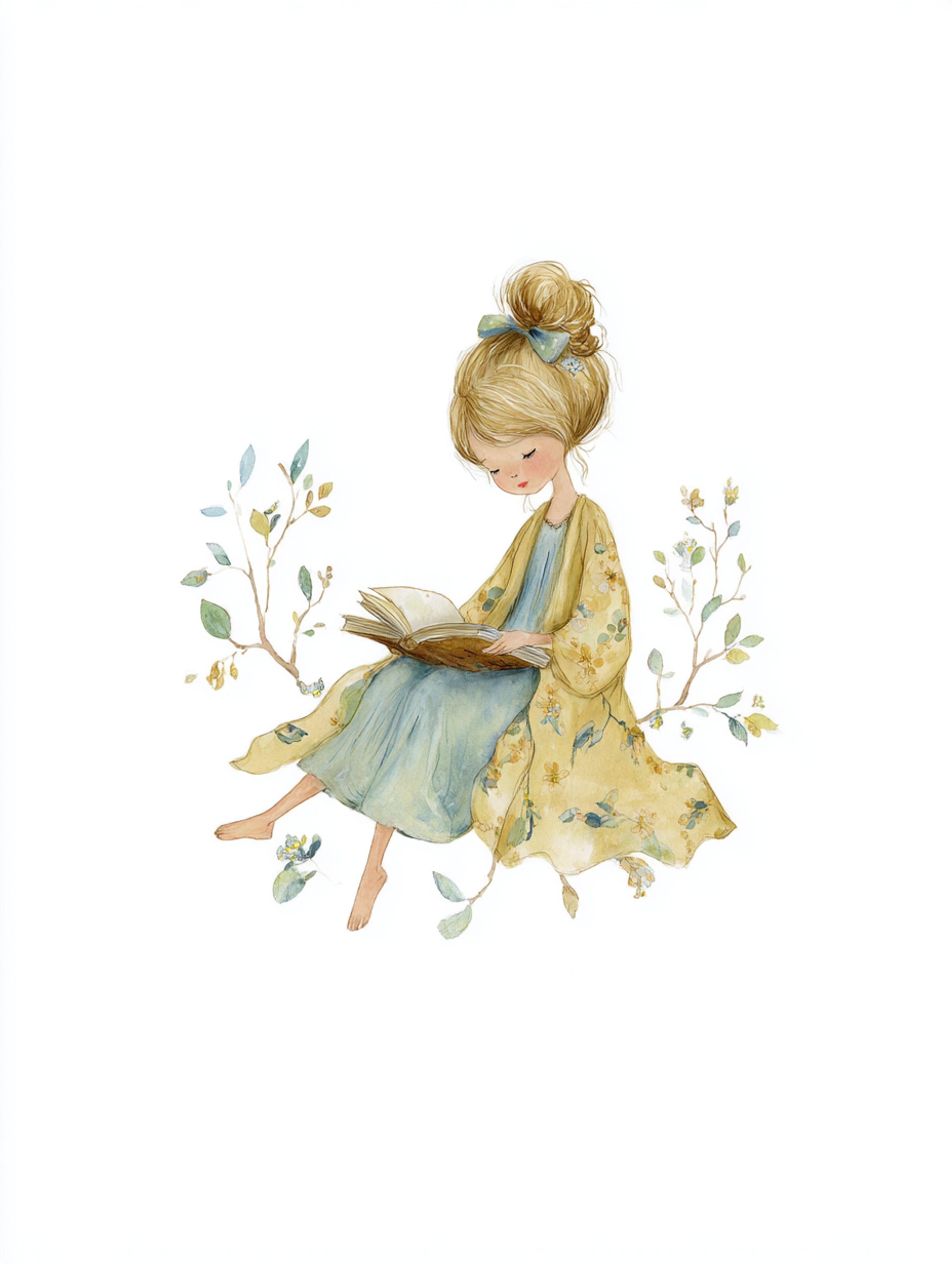 Gentle Watercolor Girl Reading Illustration