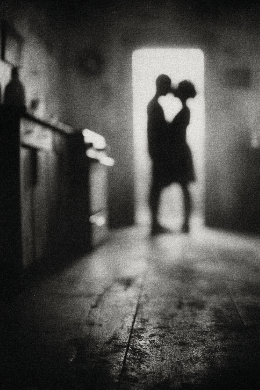 Captured in Grainy Black-and-white Film Photography Couple Kitchen