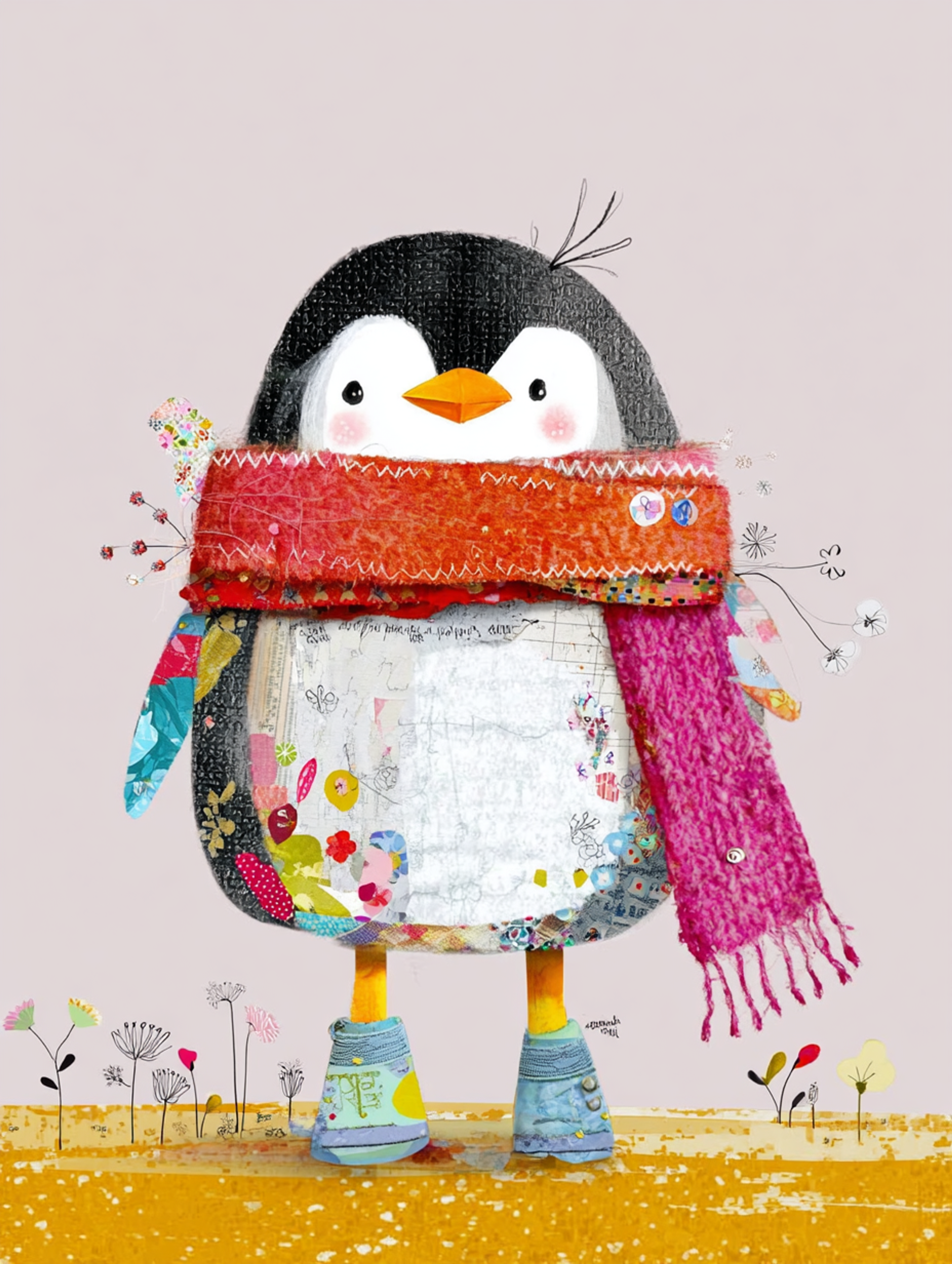 Whimsical Mixed Media Penguin with Scarf Artwork