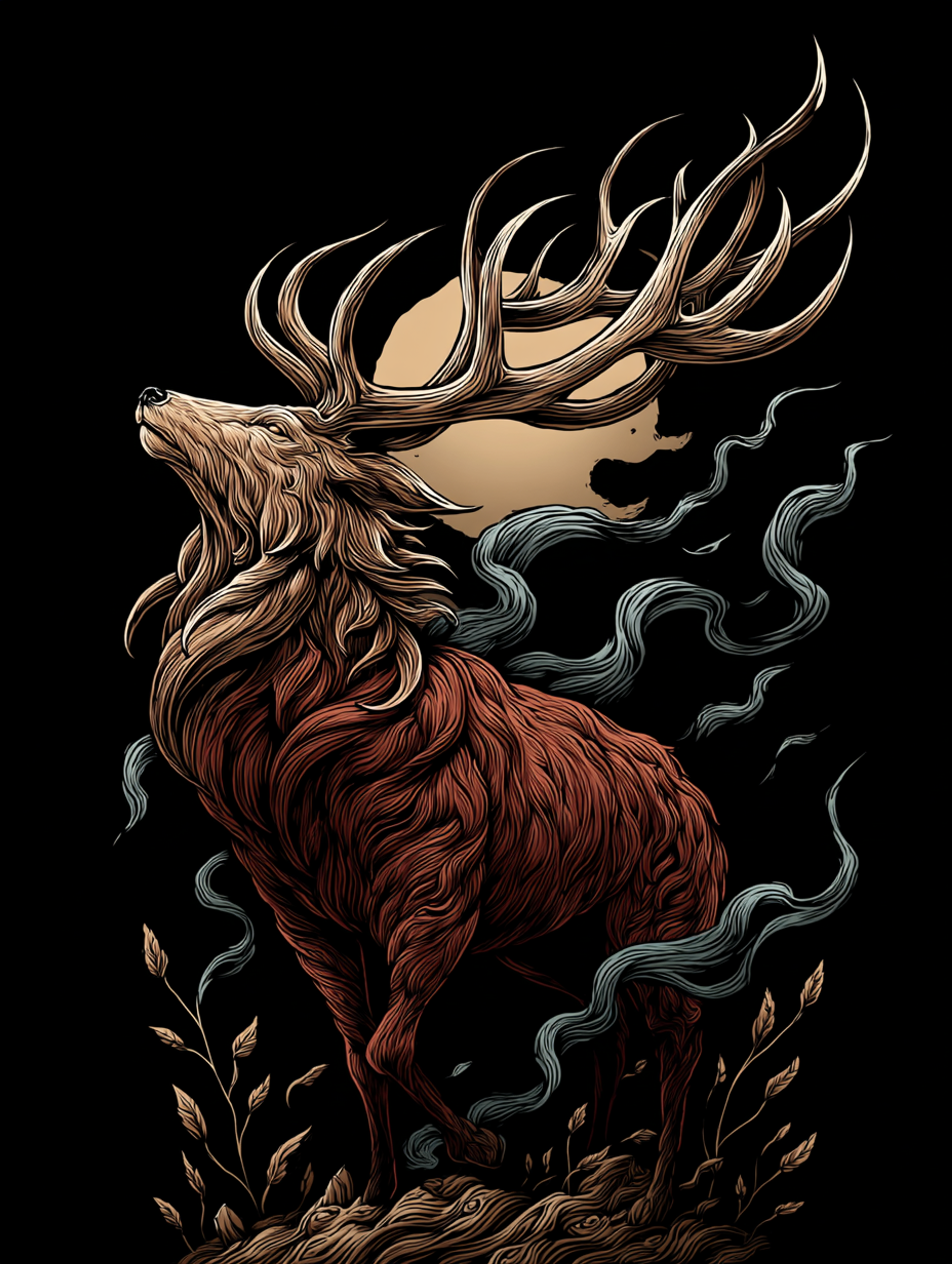 Dark Fantasy Linocut Stag Illustration