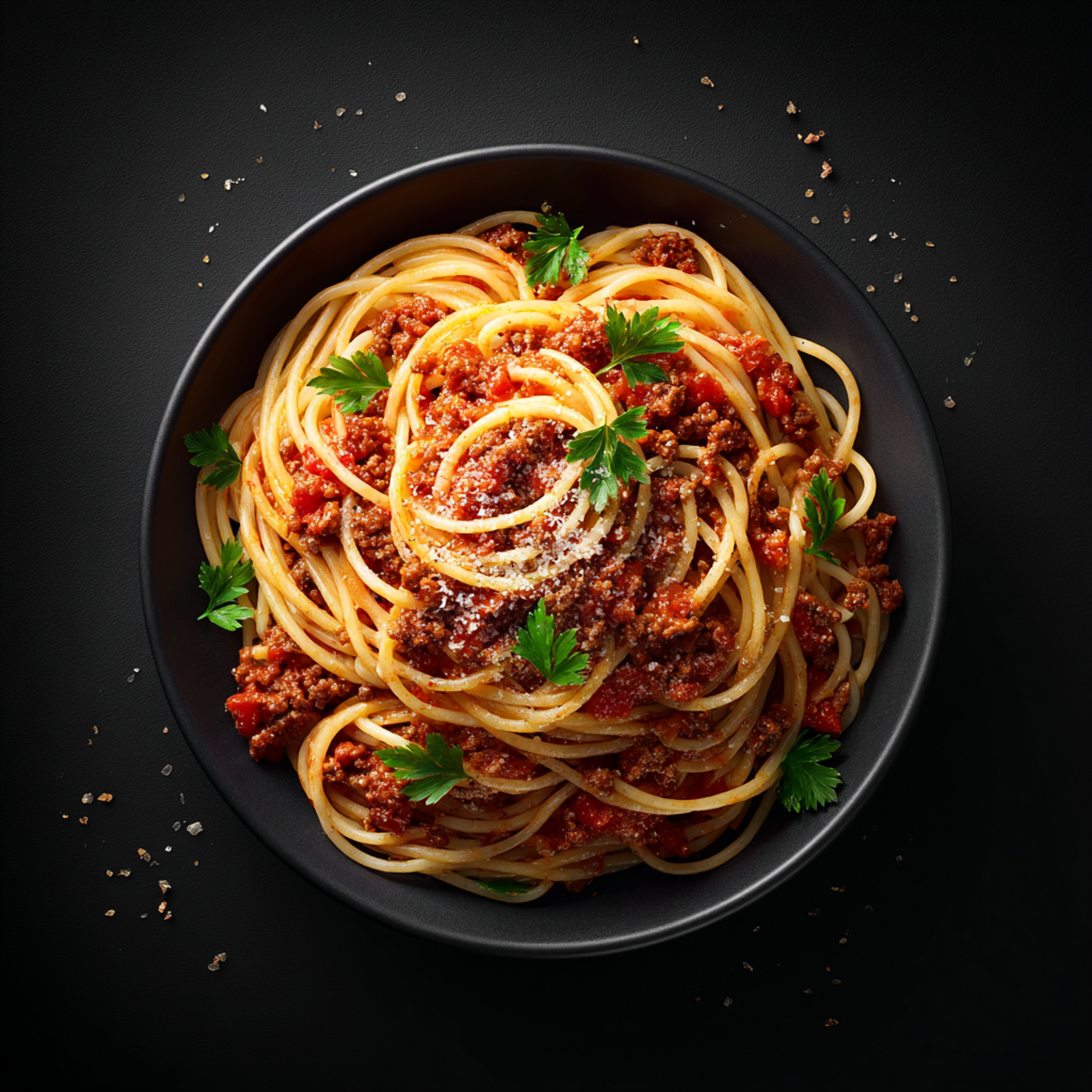 Cinematic Spaghetti Bolognese Flat Lay Photo