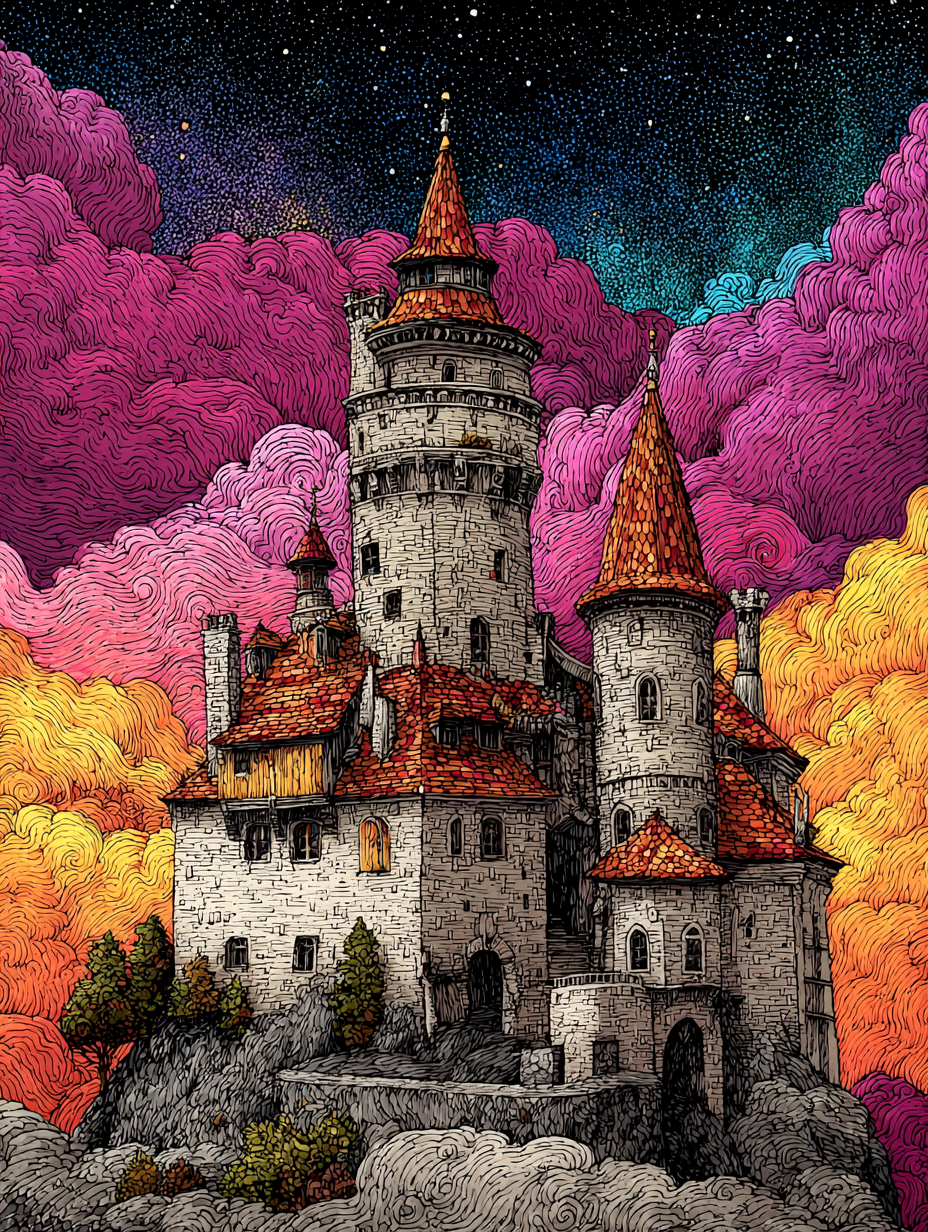Psychedelic Linocut Castle Illustration