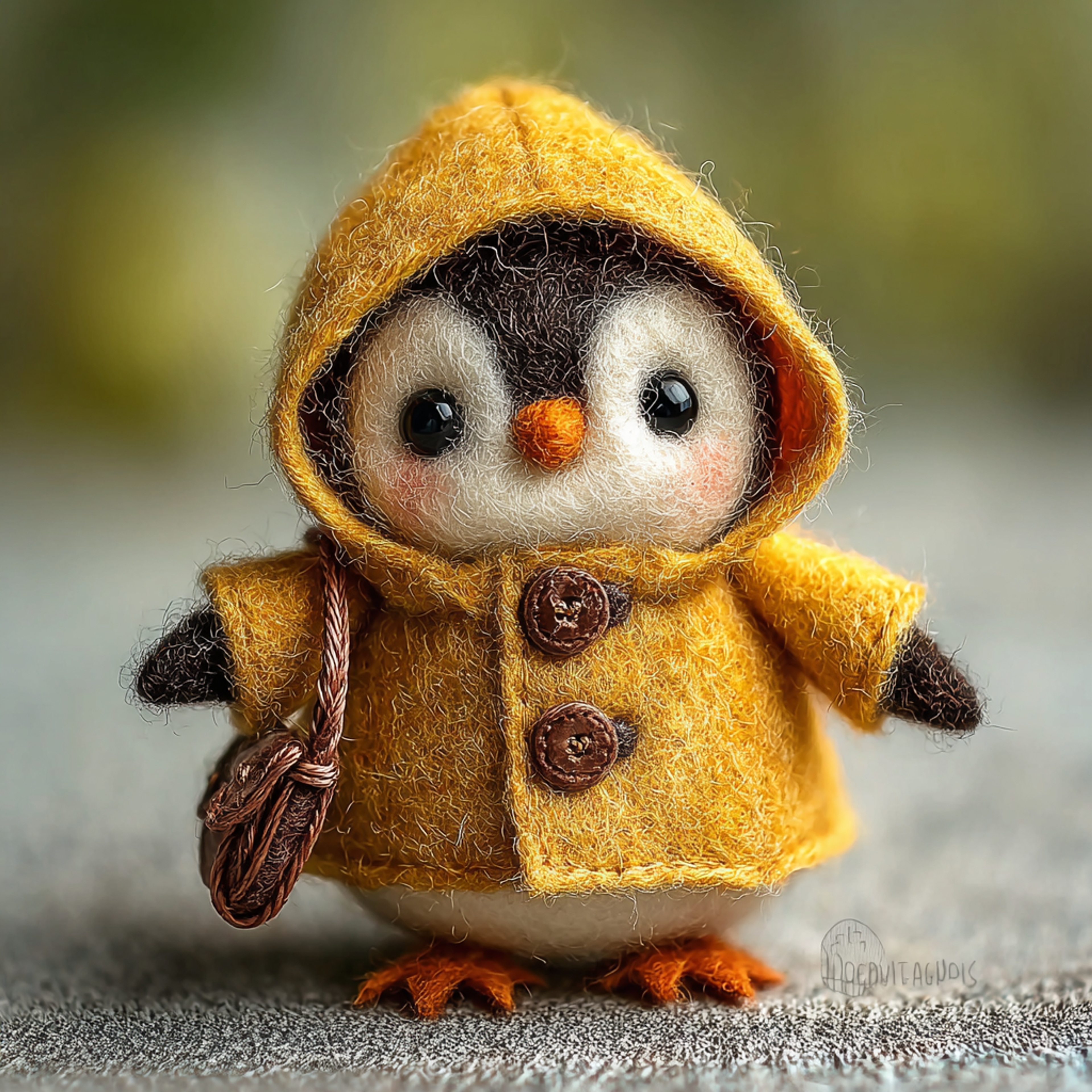 Tiny Felted Penguin with Yellow Raincoat