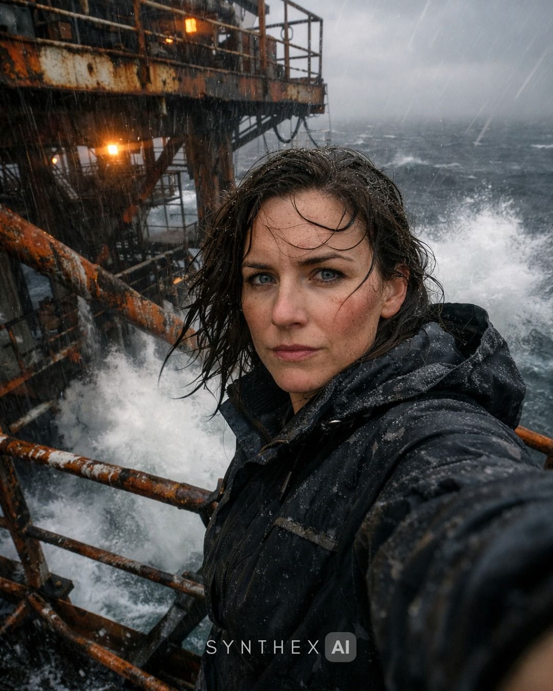 Generate Stormy Offshore Oil Rig Selfies