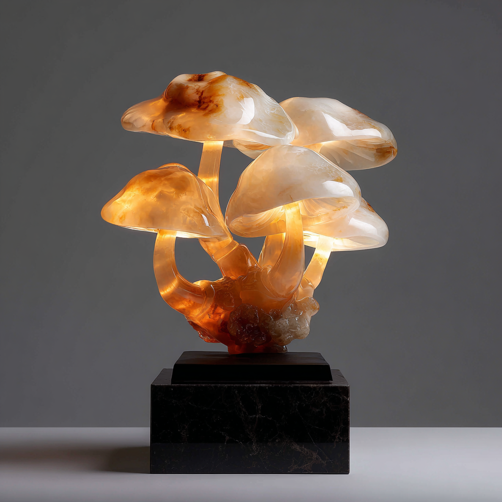 Hyperrealistic Carved Cluster of Glowing Mushrooms Sculpture
