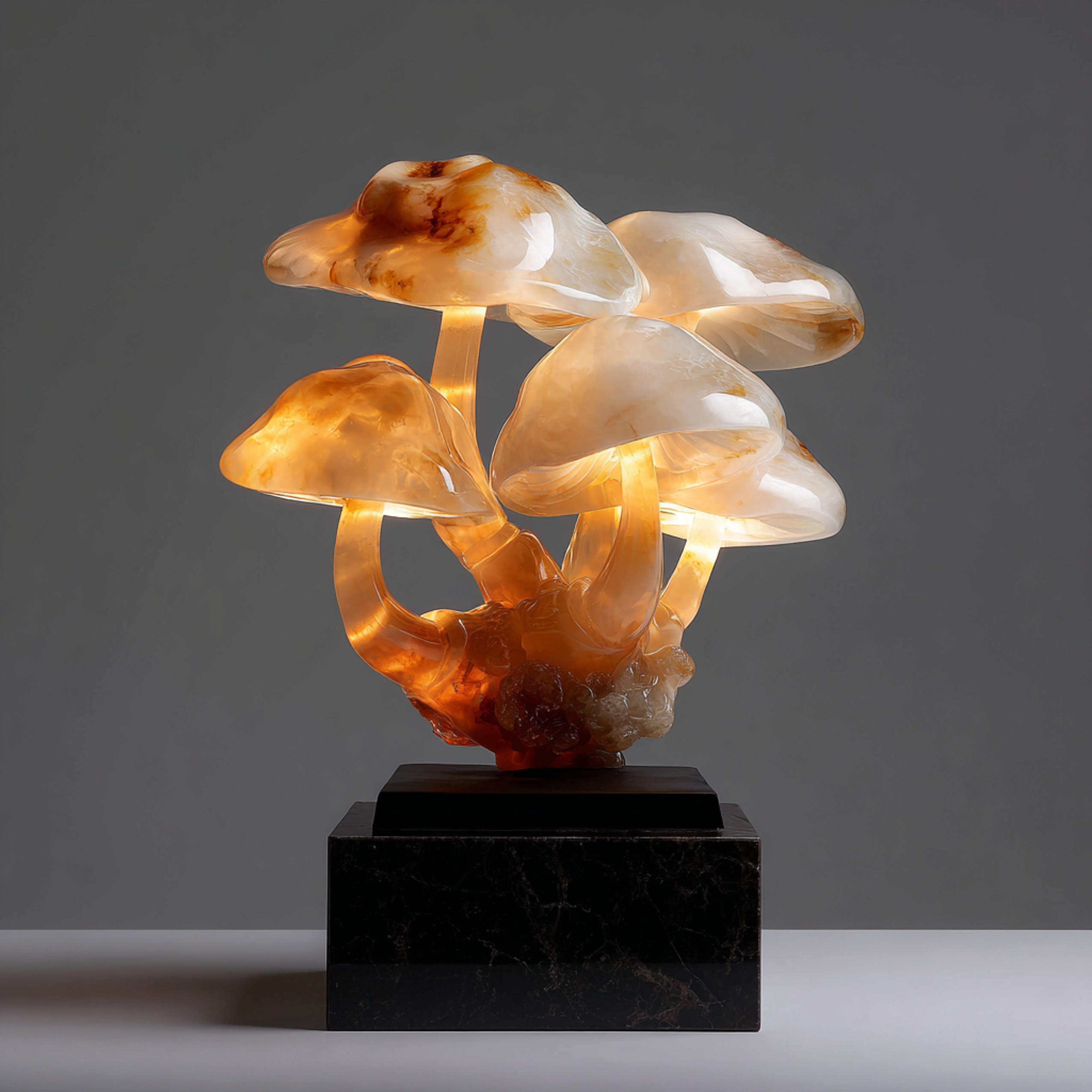 Hyperrealistic Carved Cluster of Glowing Mushrooms Sculpture