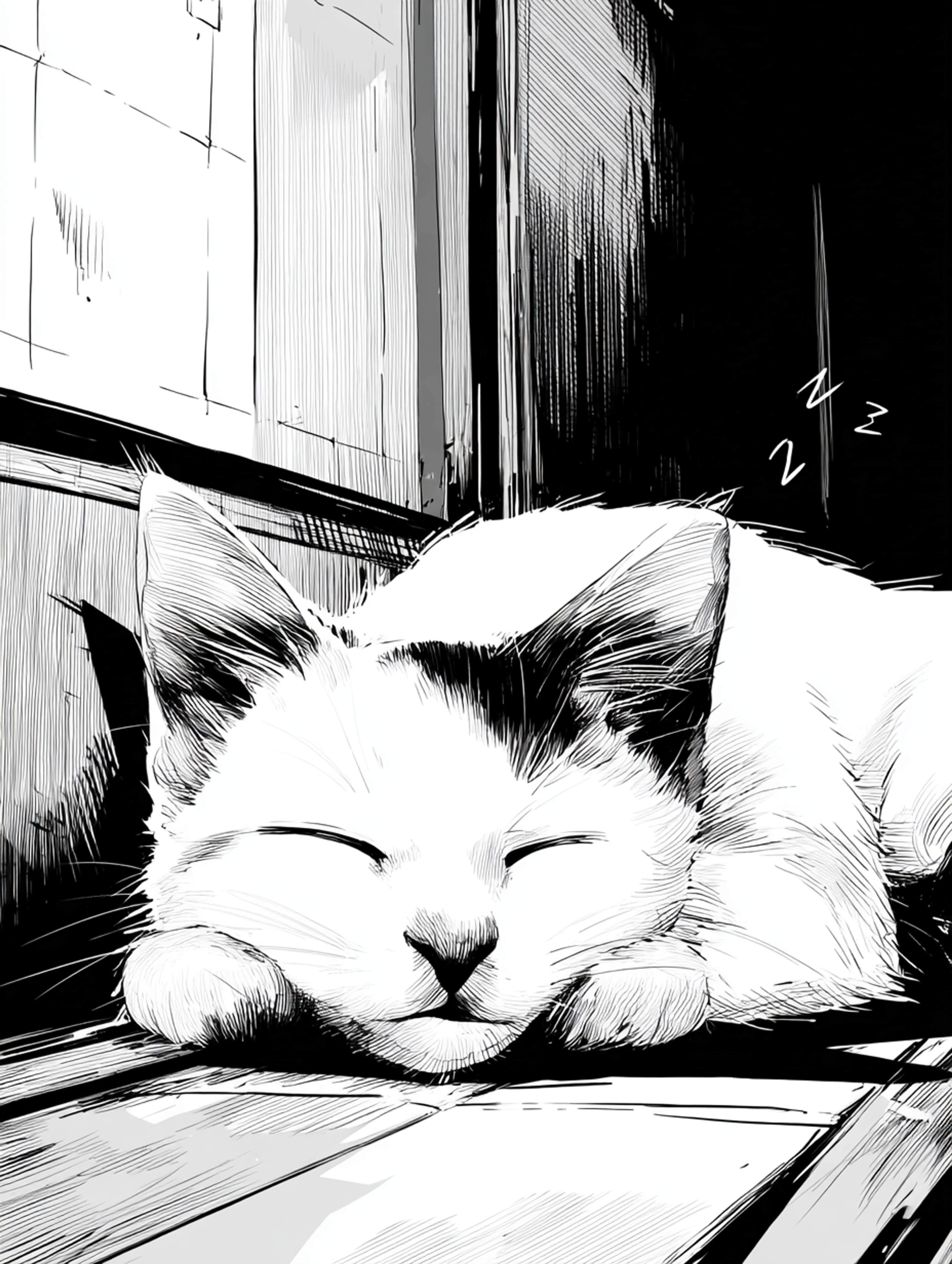 High-Contrast Manga Sleeping Cat Illustration
