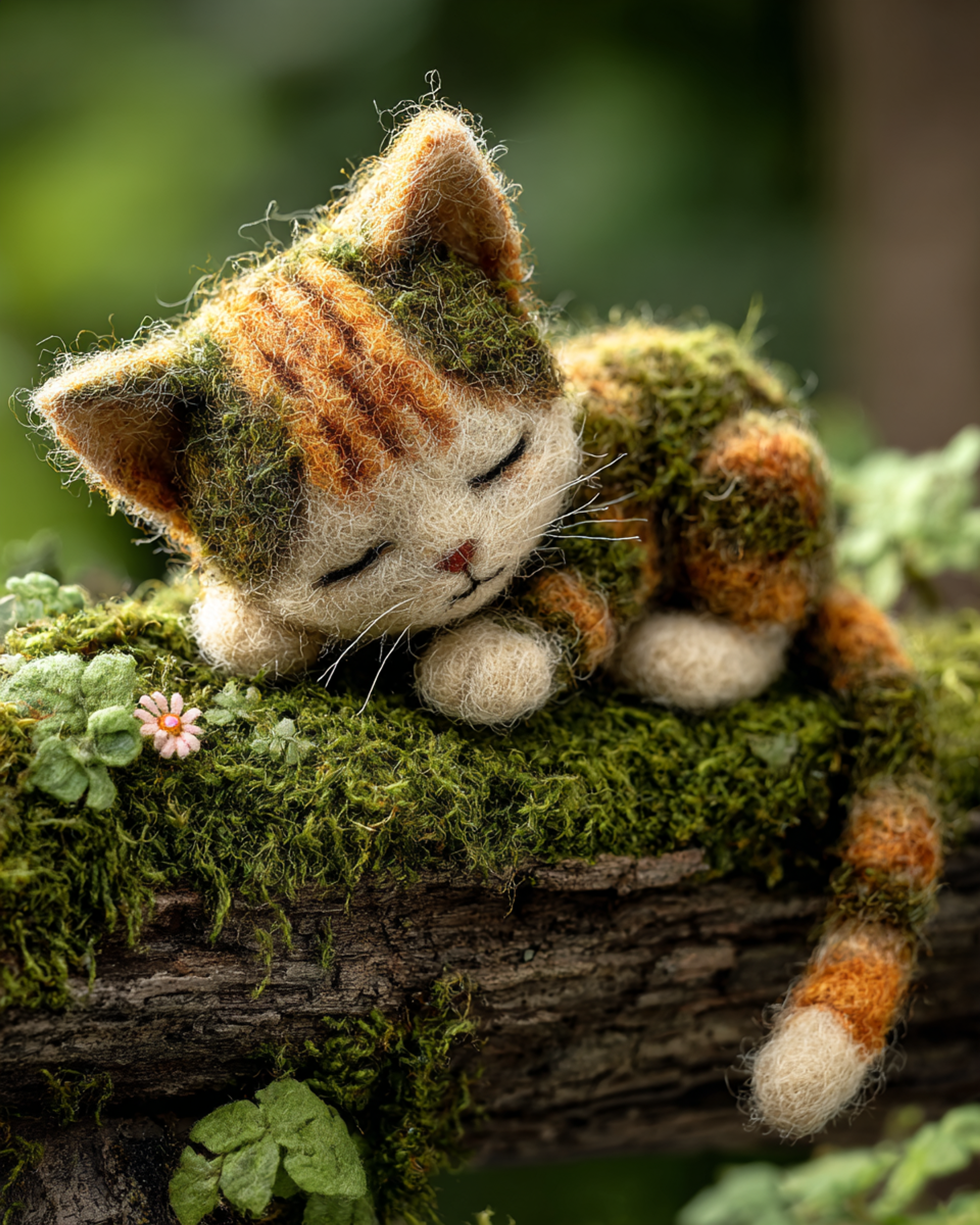 Tiny Felted Kitten Mossy Log Photo