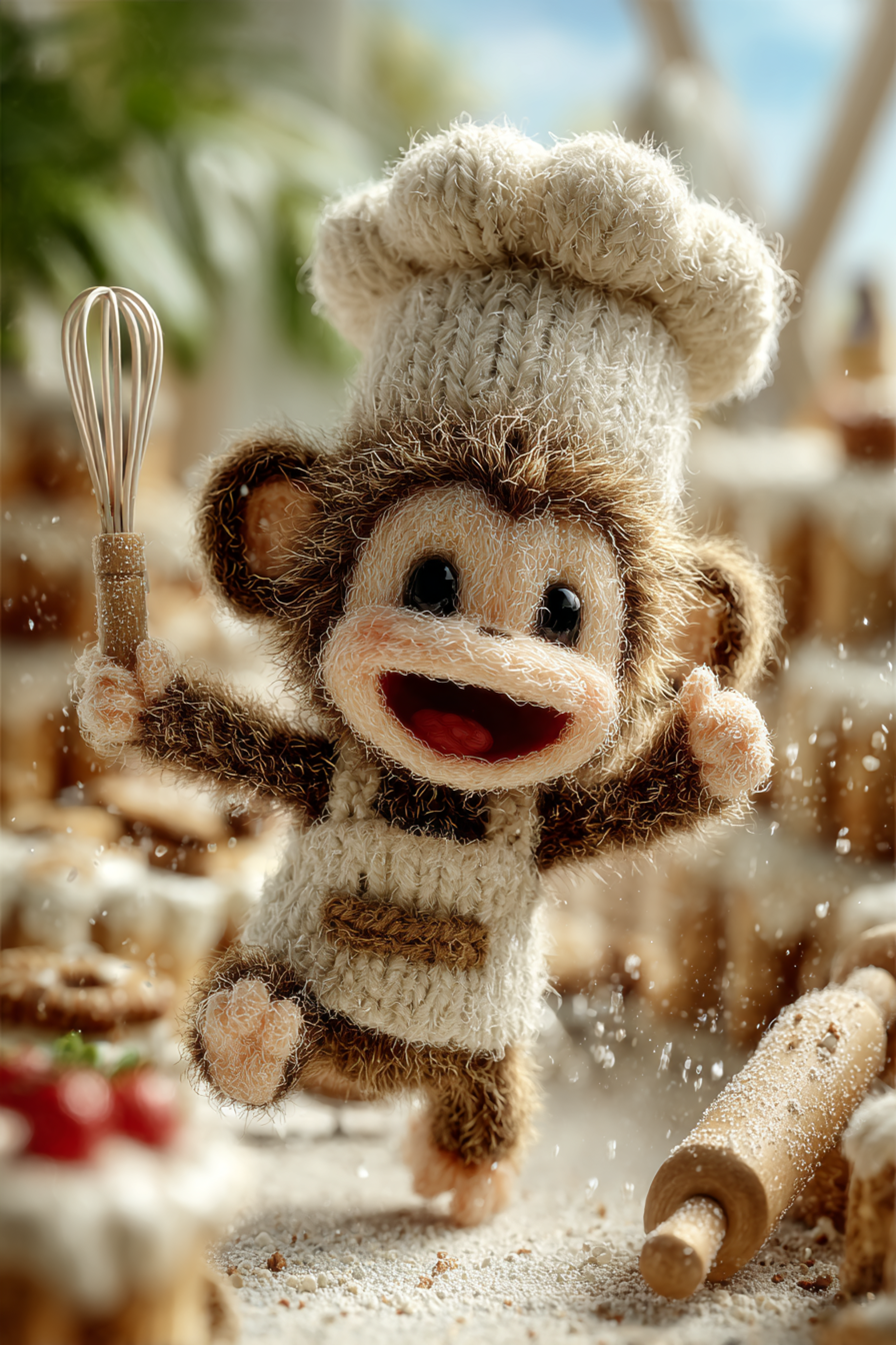 Tiny Wool Baby Monkey Baking Scene