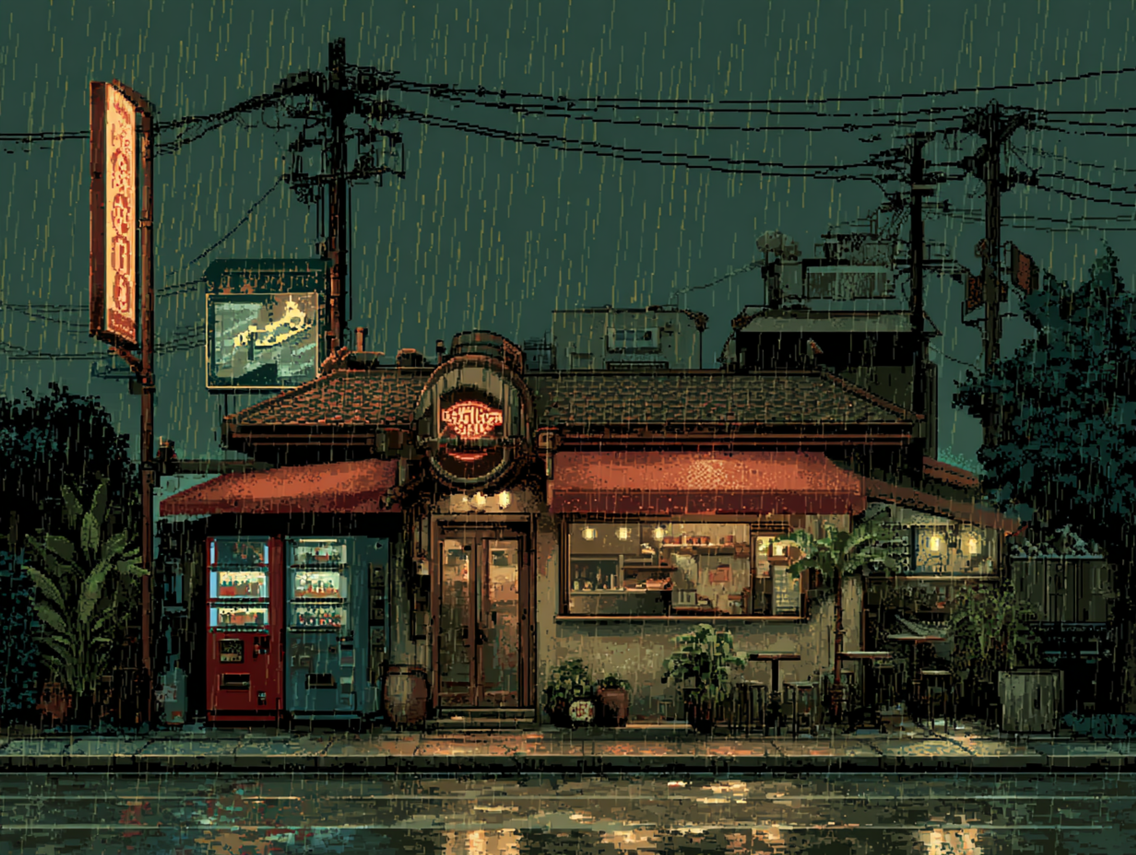 Cyberpunk Noodle Bar on Rainy Landscape Scene