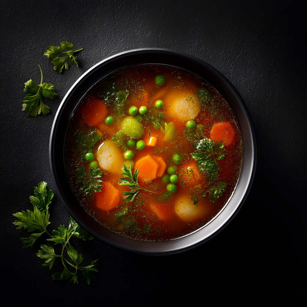 Cinematic Vegetable Soup Flat Lay Photo