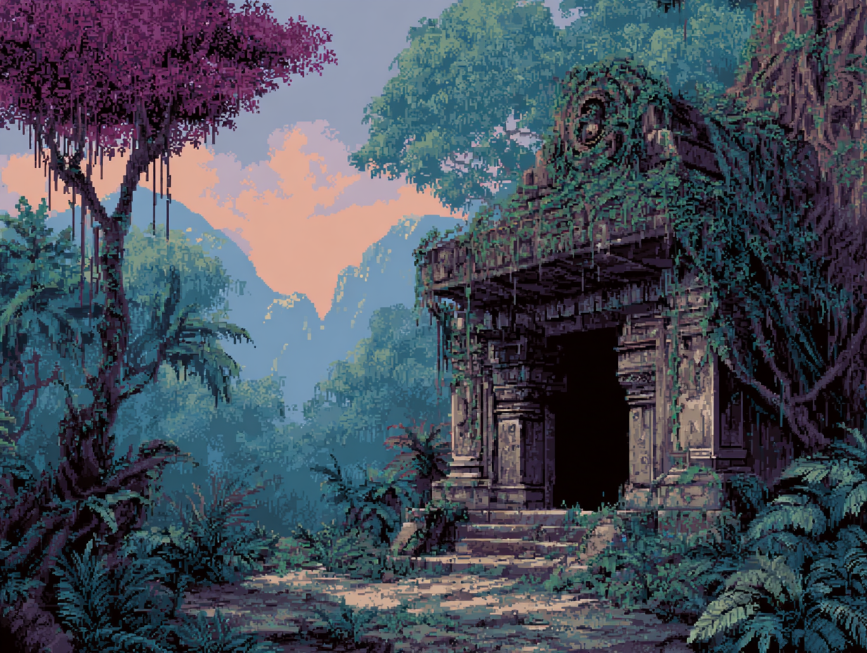 Vine-covered Entrance to Jungle Temple Landscape Scene