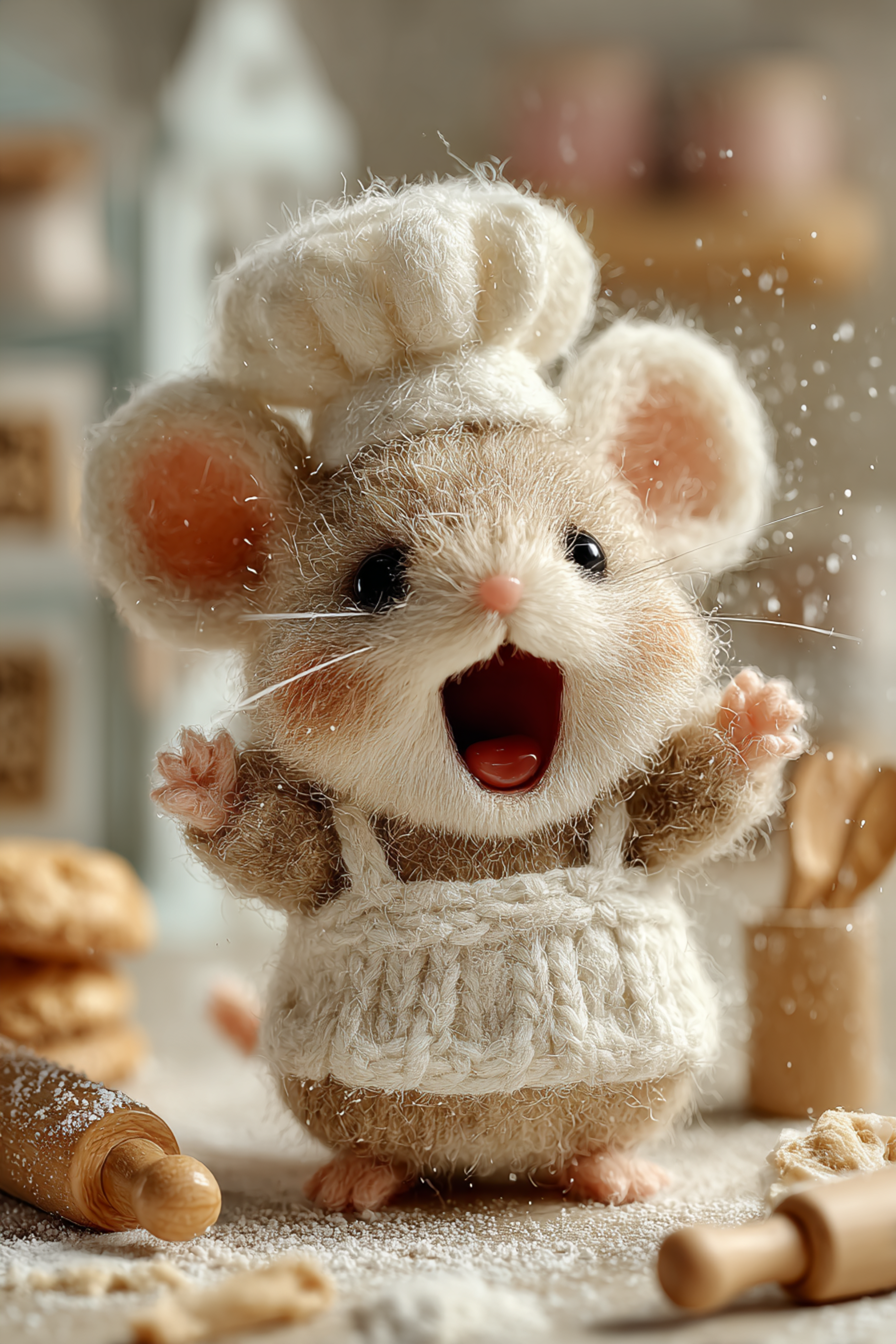 Tiny Wool Baby Mouse Baking Scene
