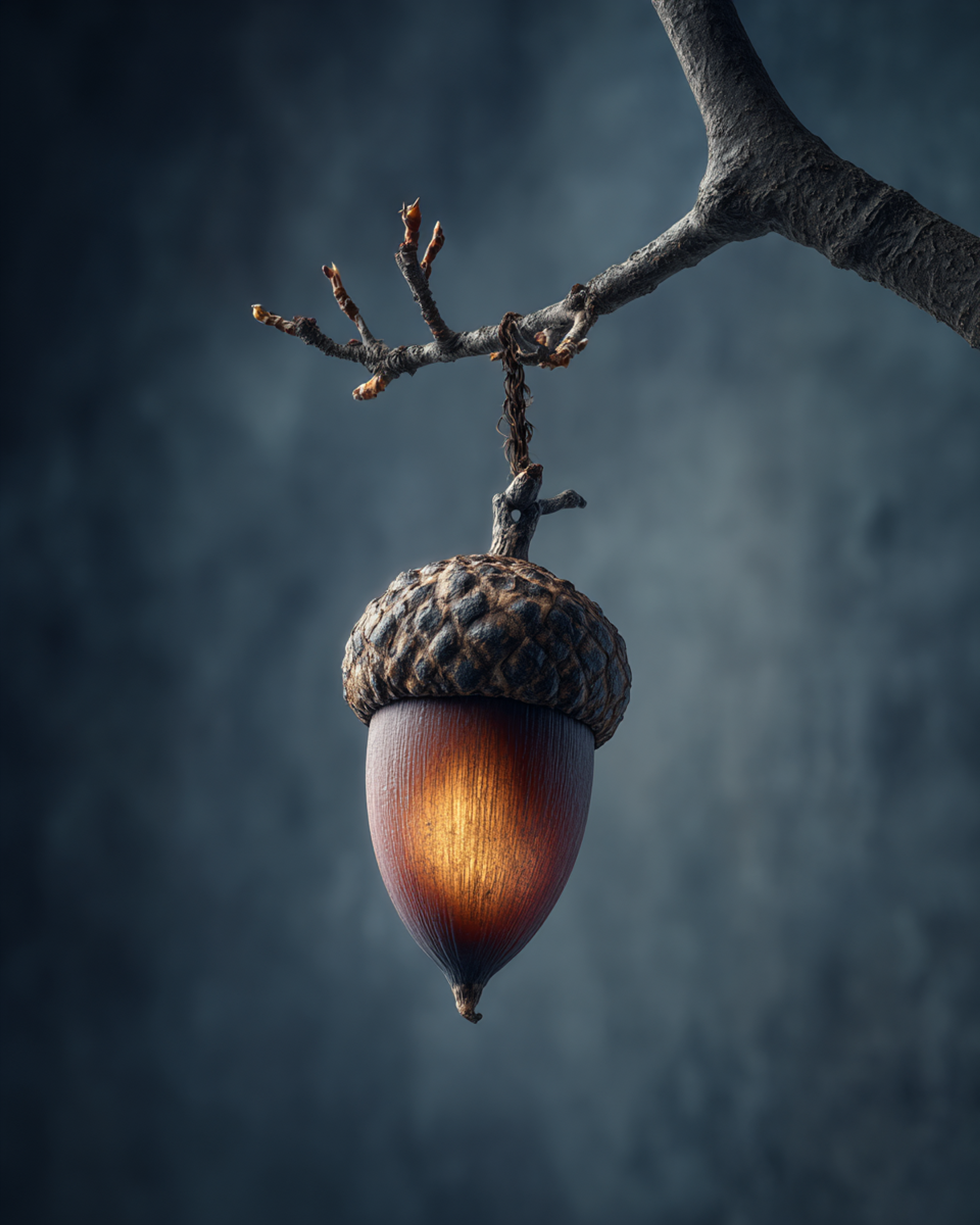Hyperrealistic Glowing Acorn Hanging from Oak Branch Macro Portrait
