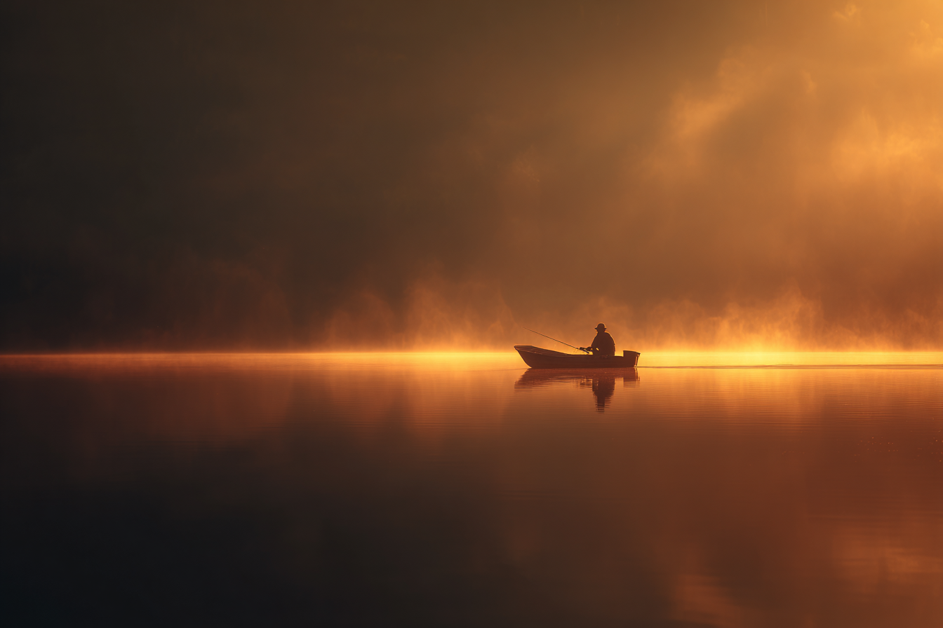 Golden Hour Lone Fisherman Lake Photo
