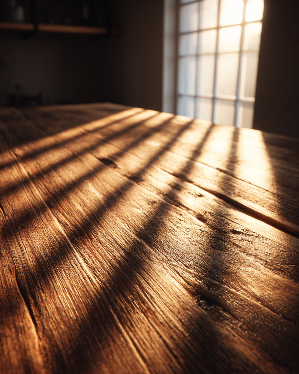 Rustic Wooden Bar Counter in Low Warm Light Product Surface Photo 2