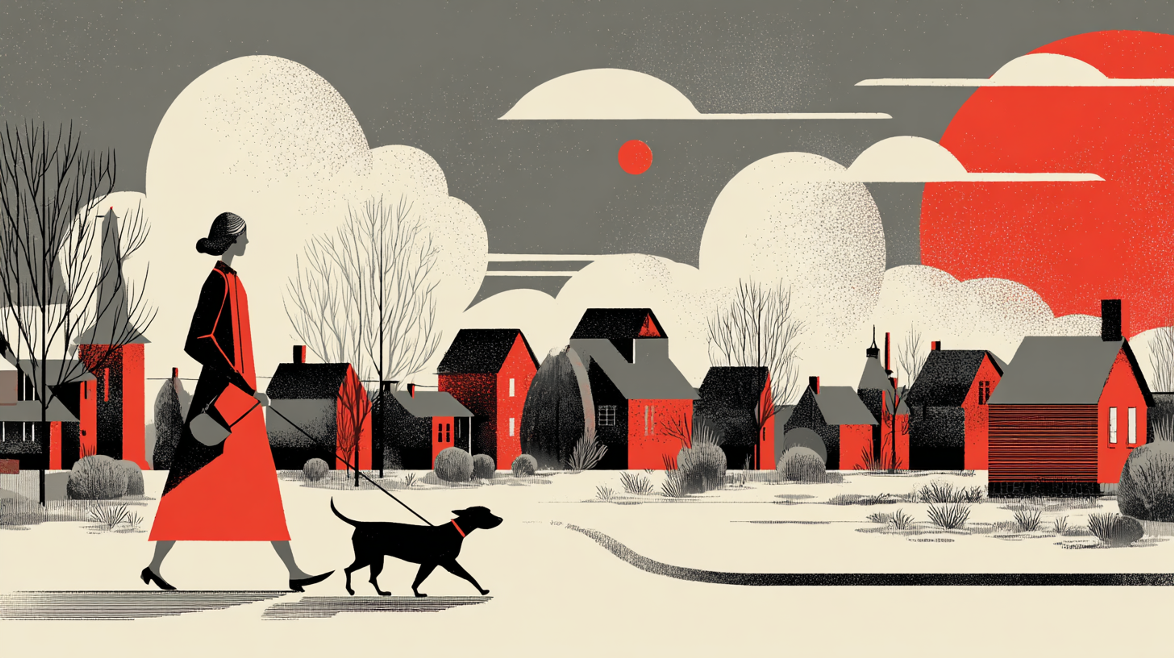 Ink Watercolor Woman Walking Dog in Suburban Illustration
