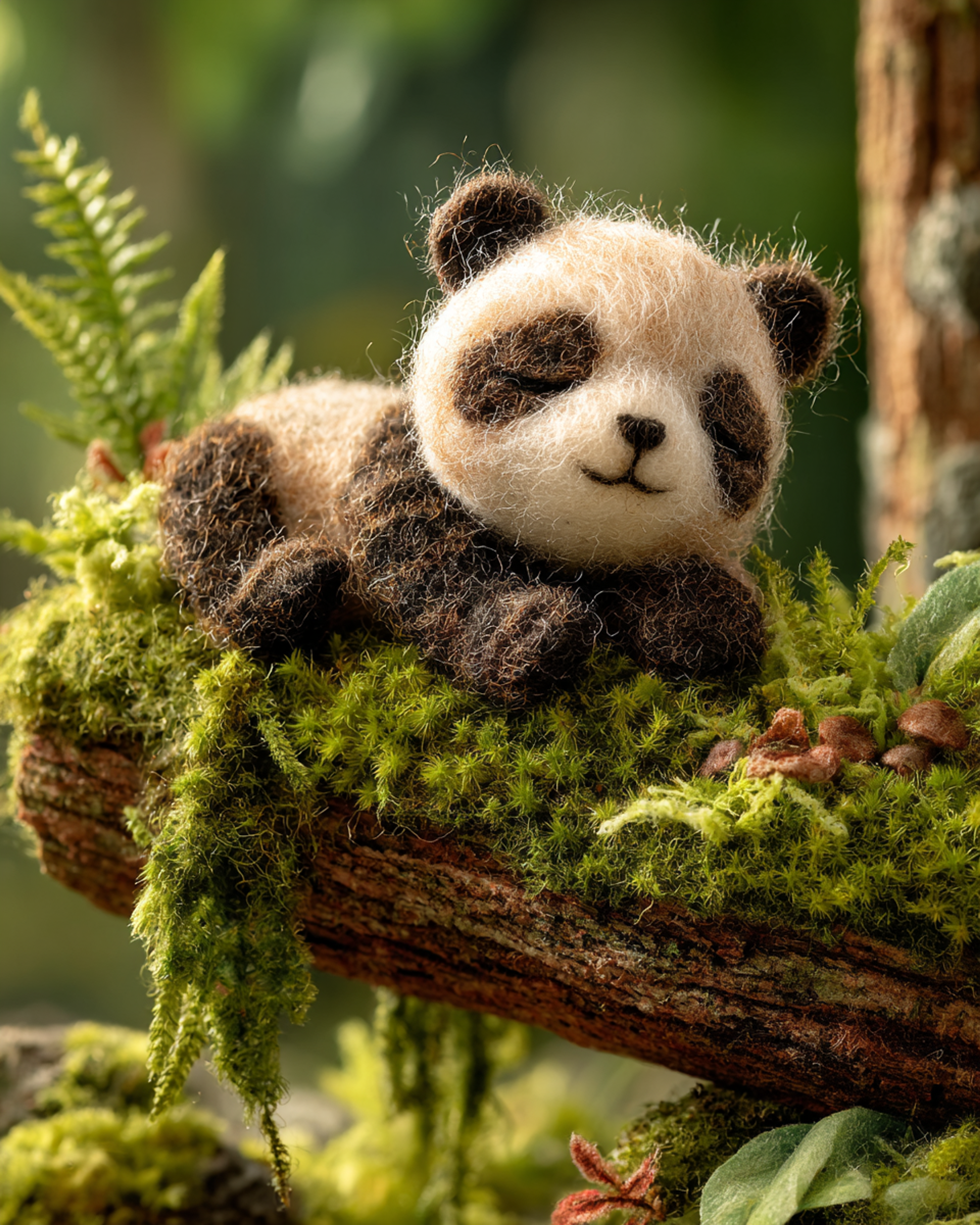 Tiny Felted Panda Mossy Log Photo