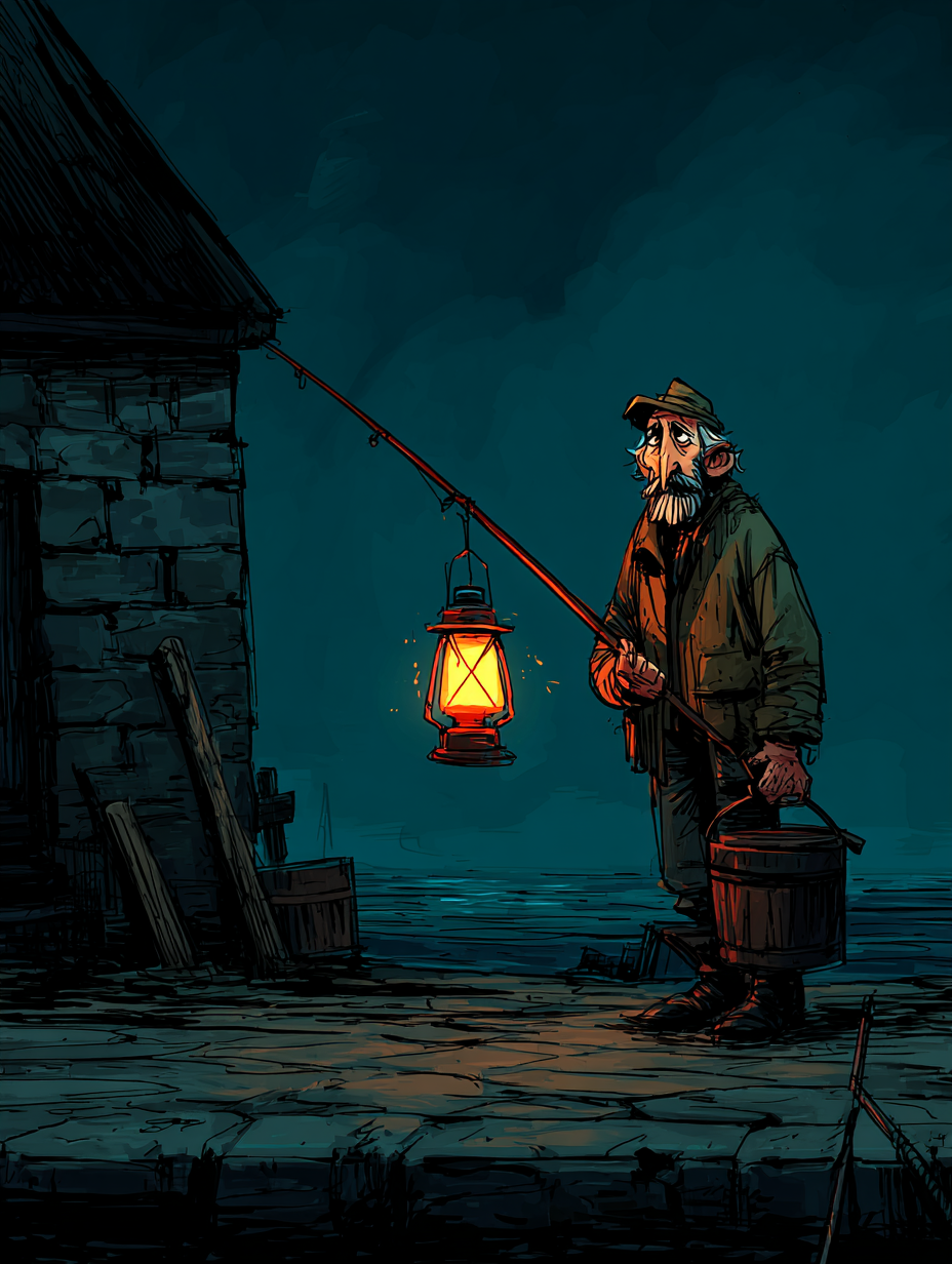 Dark Comic Book Fisherman Illustration