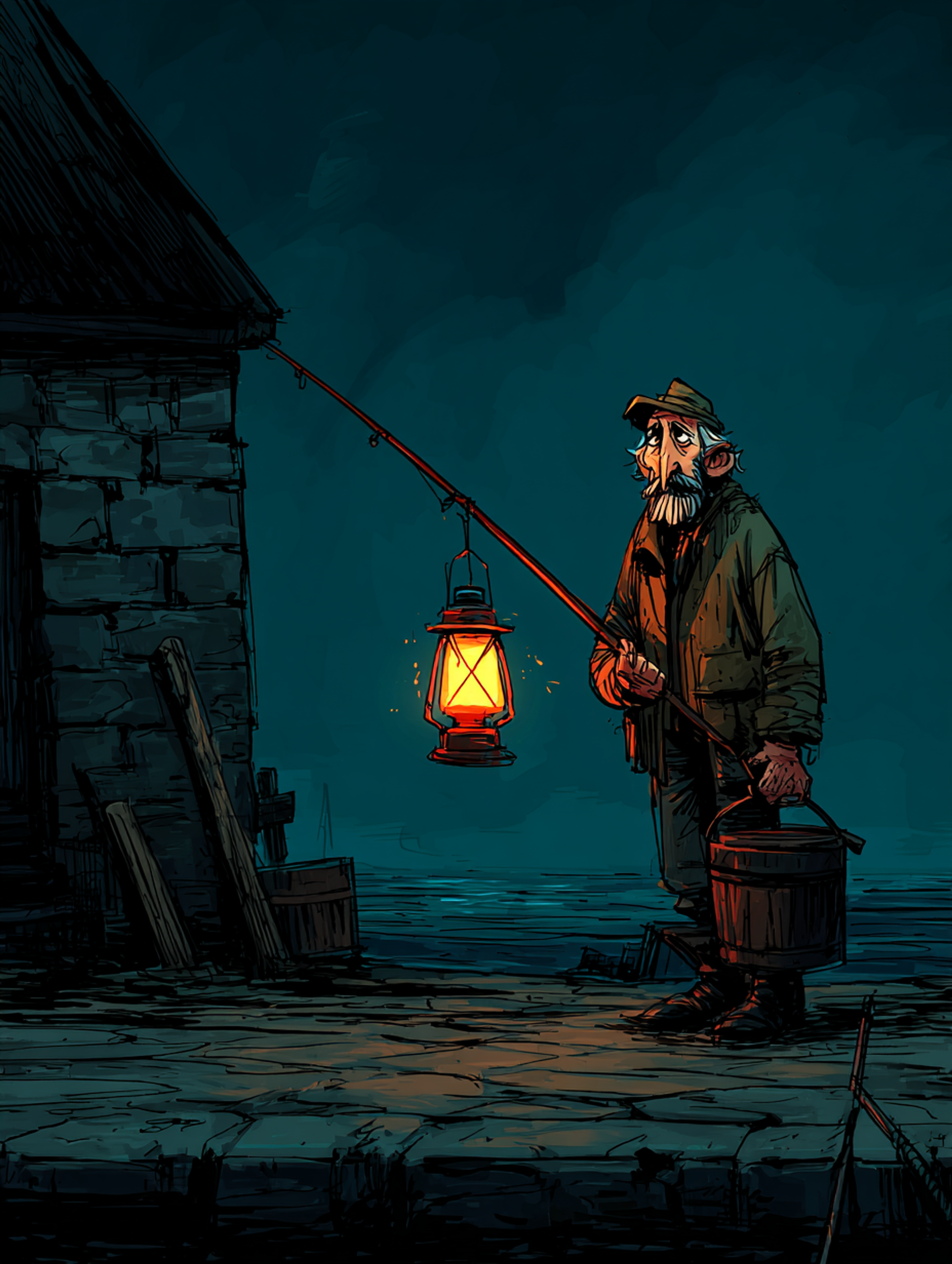 Dark Comic Book Fisherman Illustration