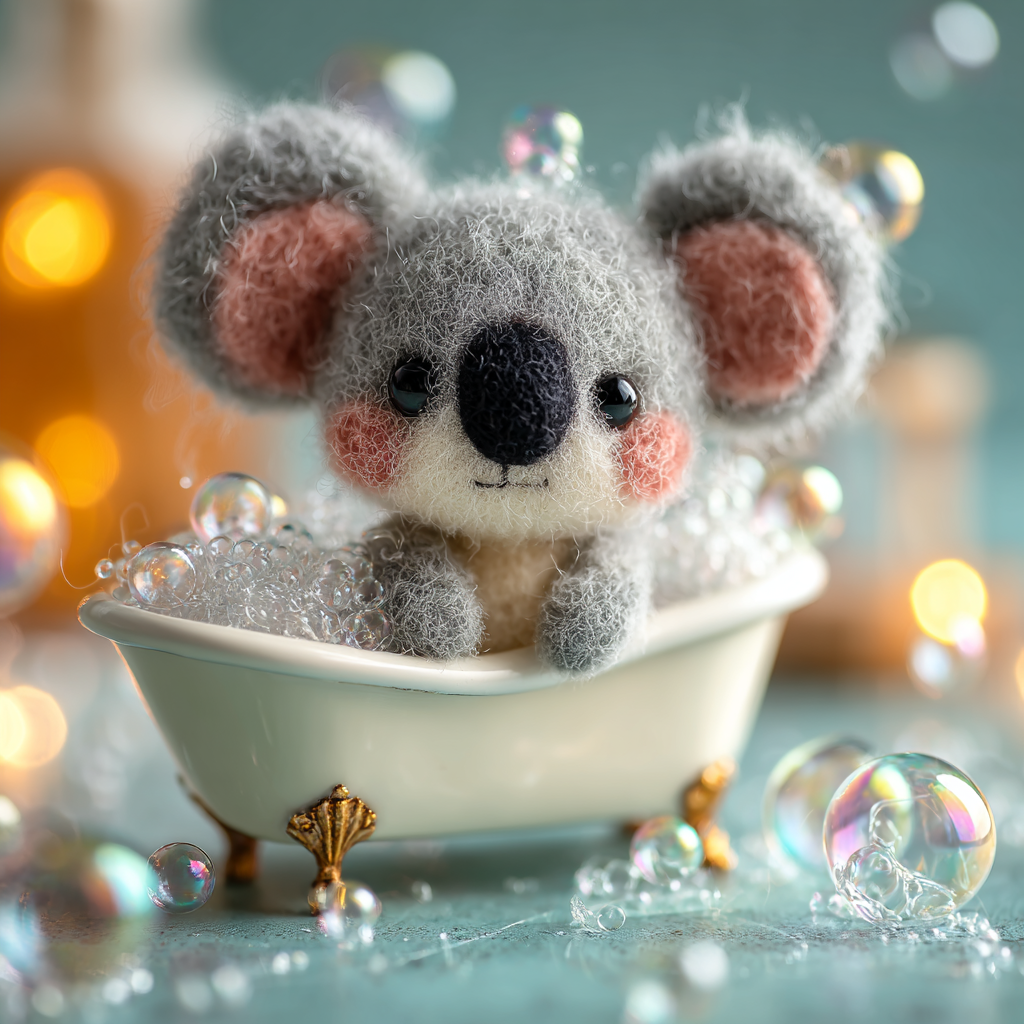 Tiny Needle-felted Koala Having Bath Felted Figure