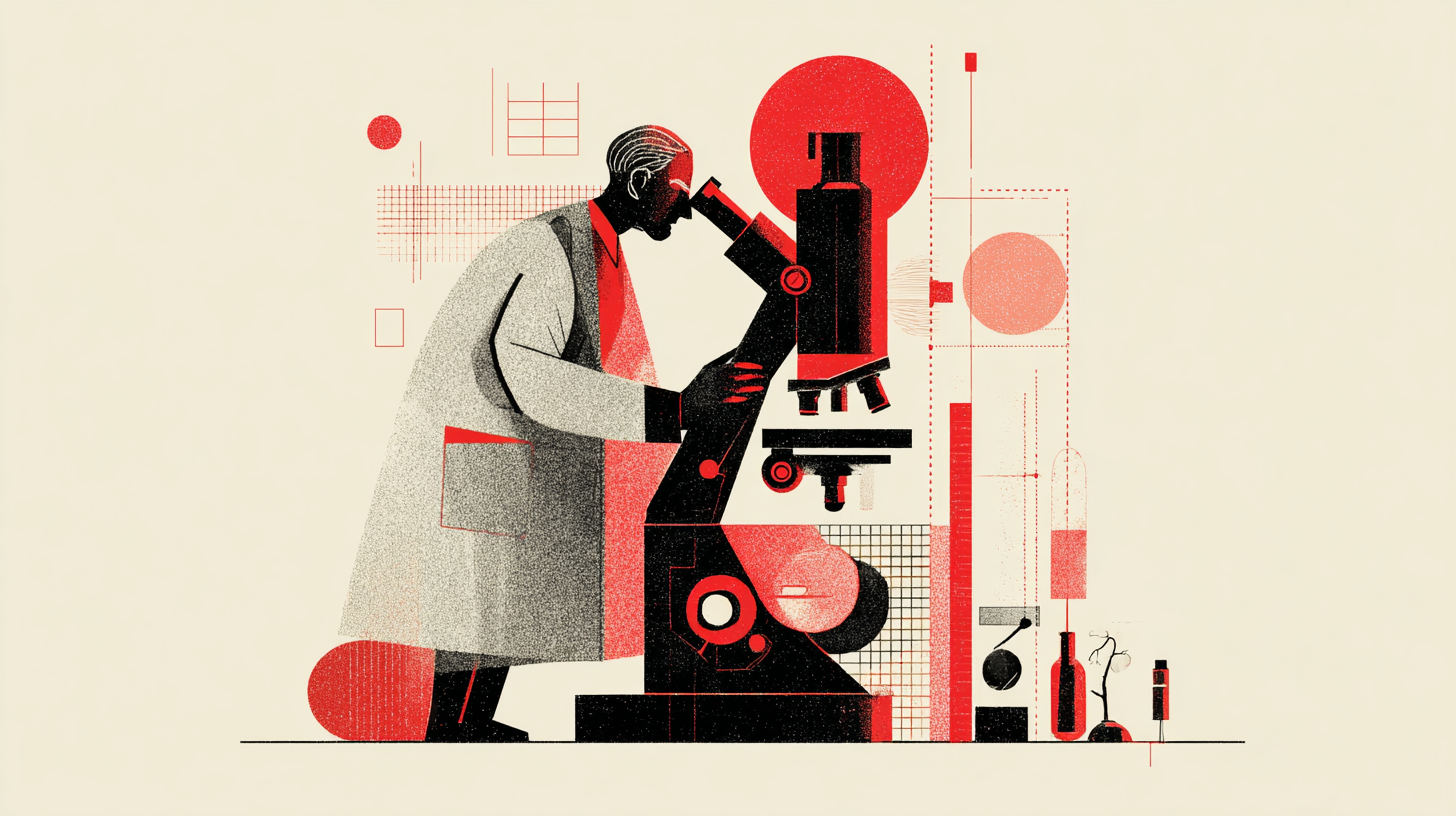 Ink Watercolor Scientist Looking into Modern Microscope Illustration