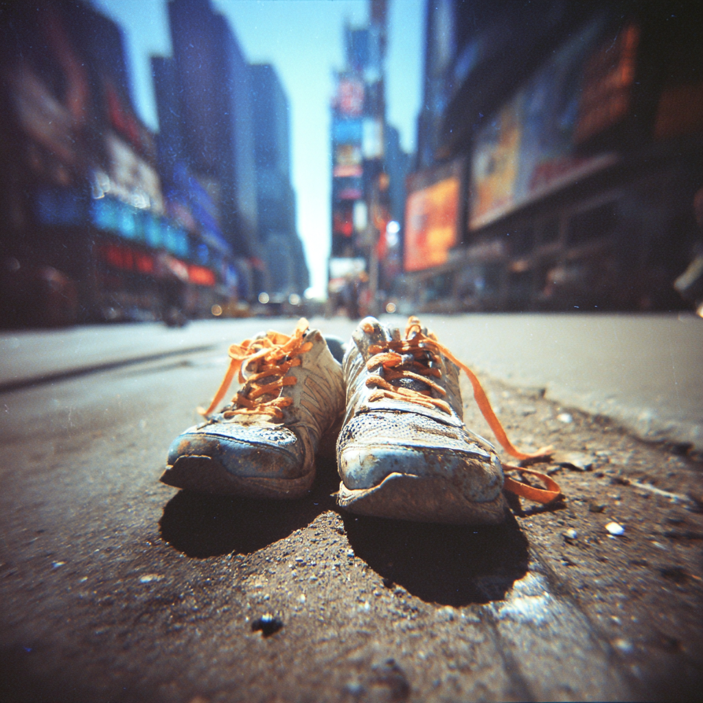 S Worn-out Sneakers on City Sidewalk Photograph