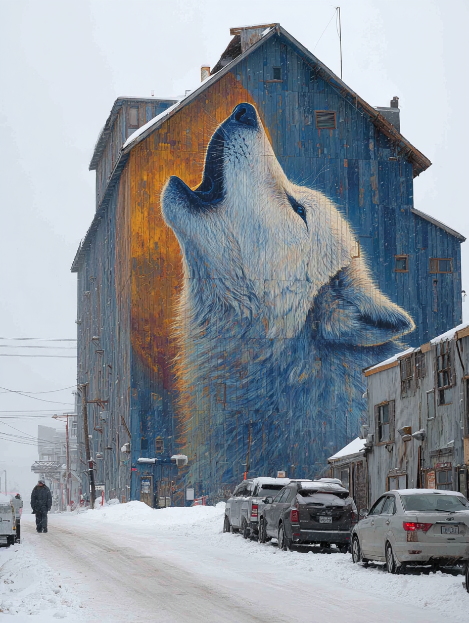 Photorealistic Majestic White Wolf Howling at Graffiti Mural
