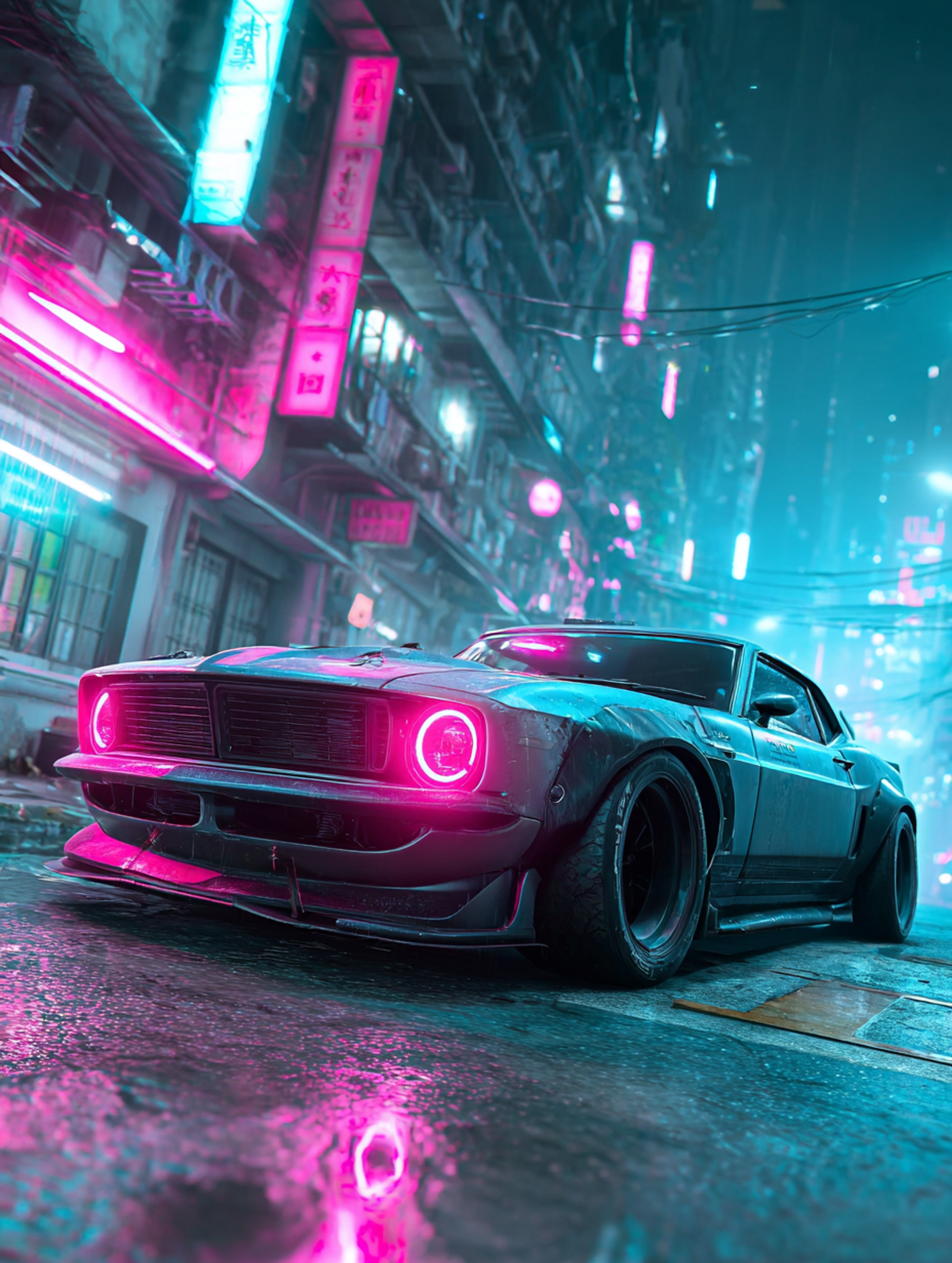 Cinematic Cyberpunk Classic Muscle Car on an Empty Street Scene