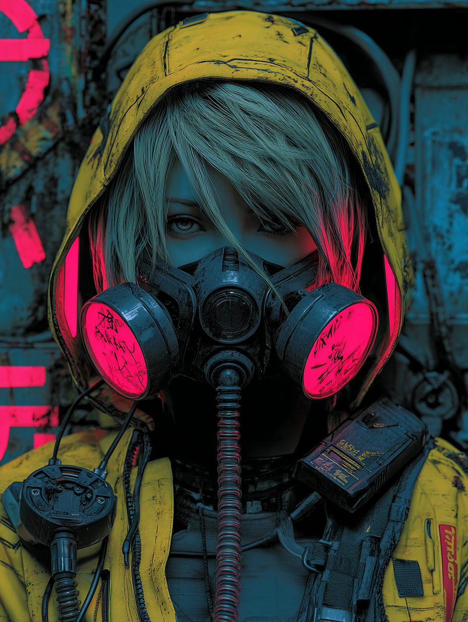 Gritty Cyberpunk Futuristic Rebel Warrior Masked Portrait, Centered
