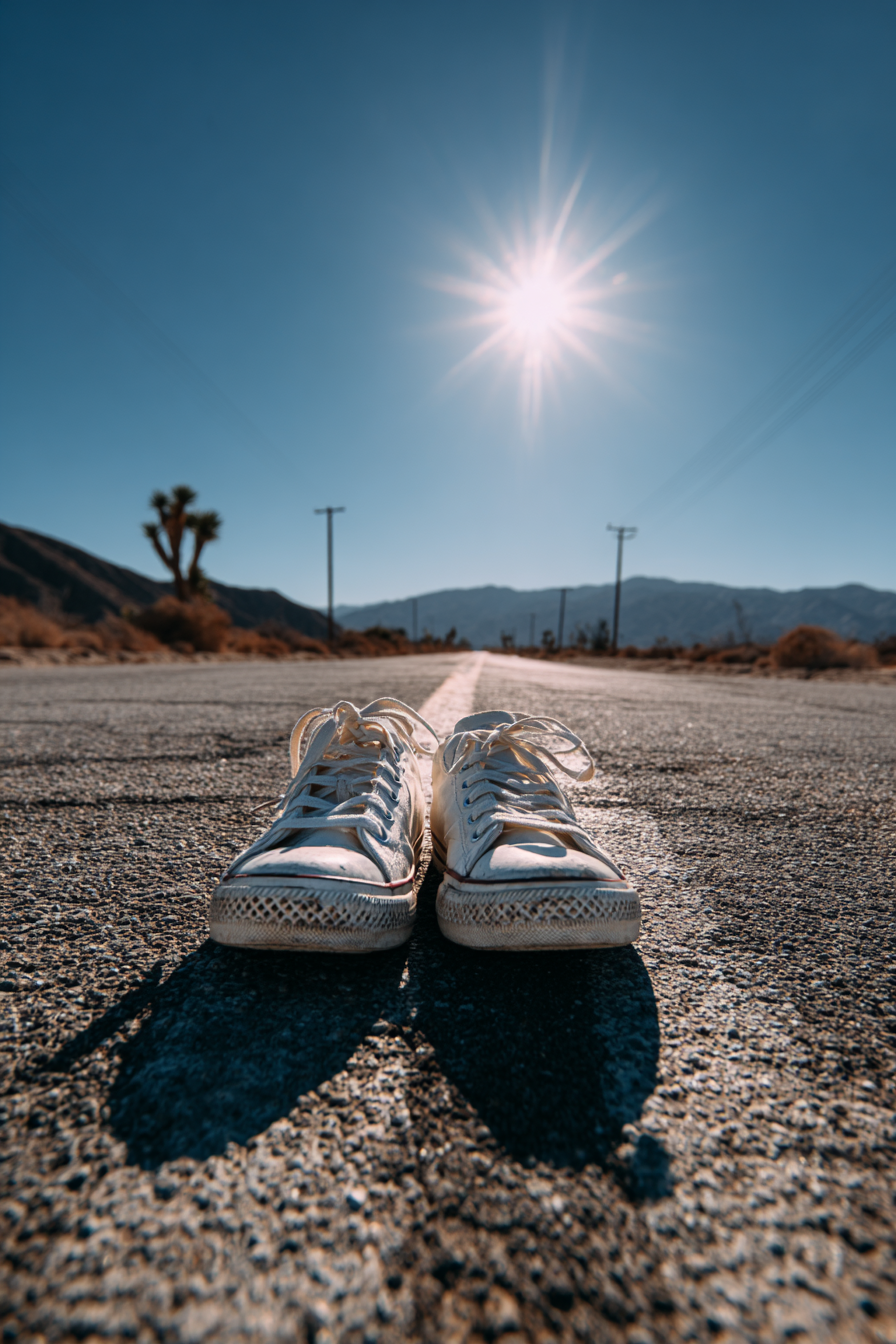 Harsh Sun White Sneakers Road Photo