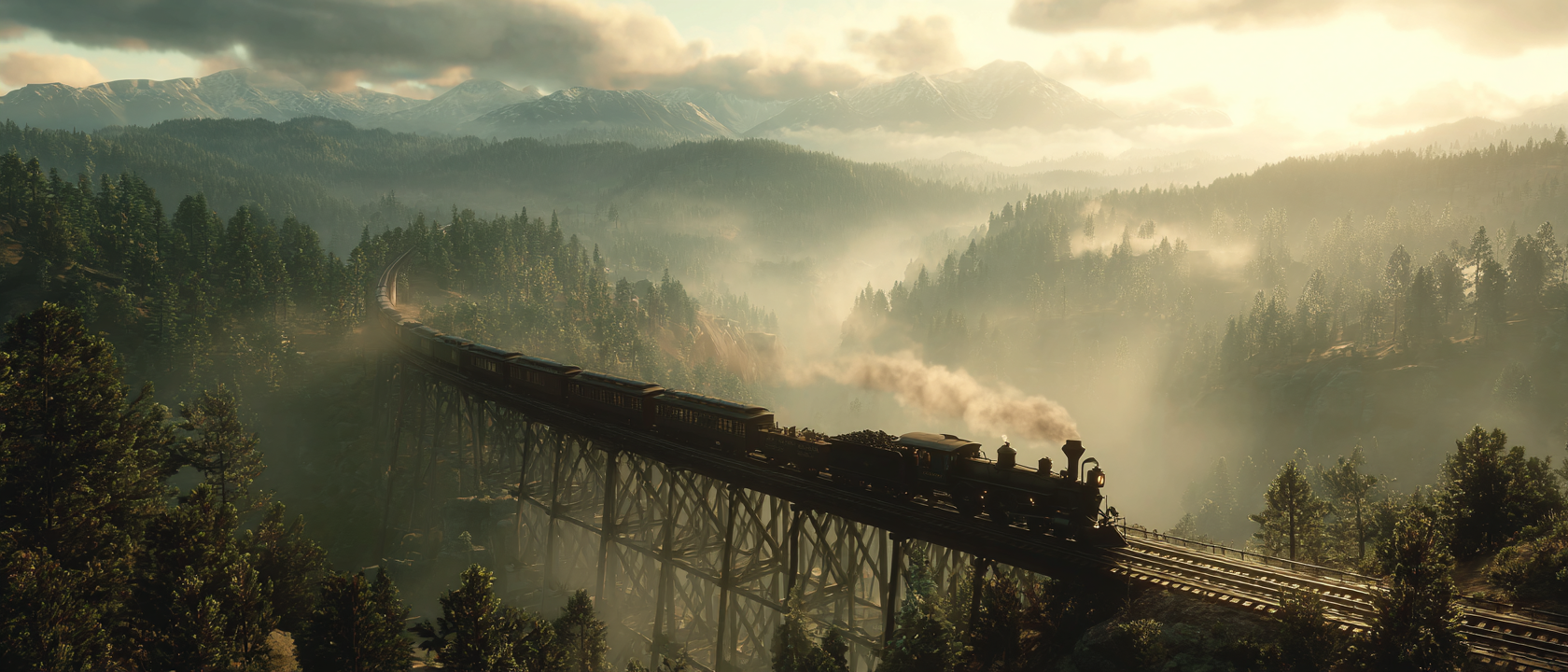 Modern Western Steam Locomotive Crossing Trestle Bridge Film Still