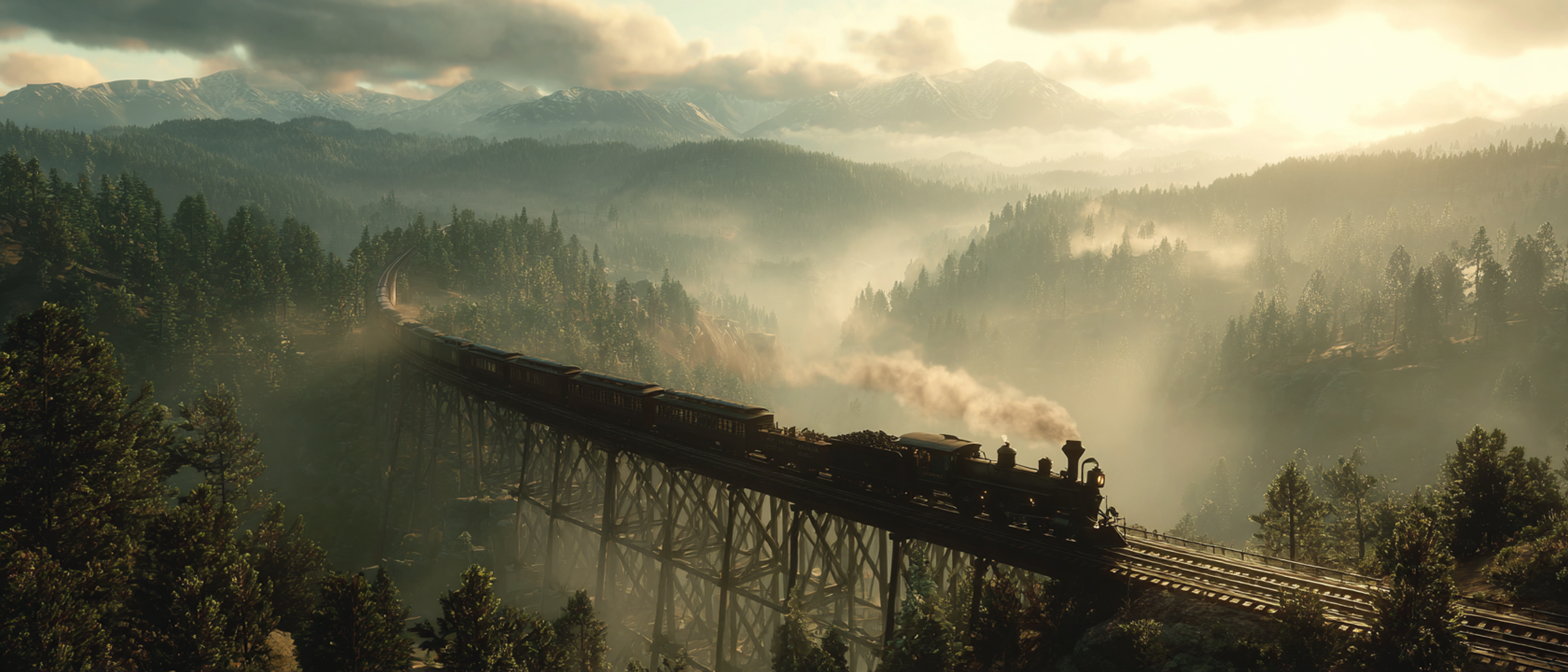 Modern Western Steam Locomotive Crossing Trestle Bridge Film Still