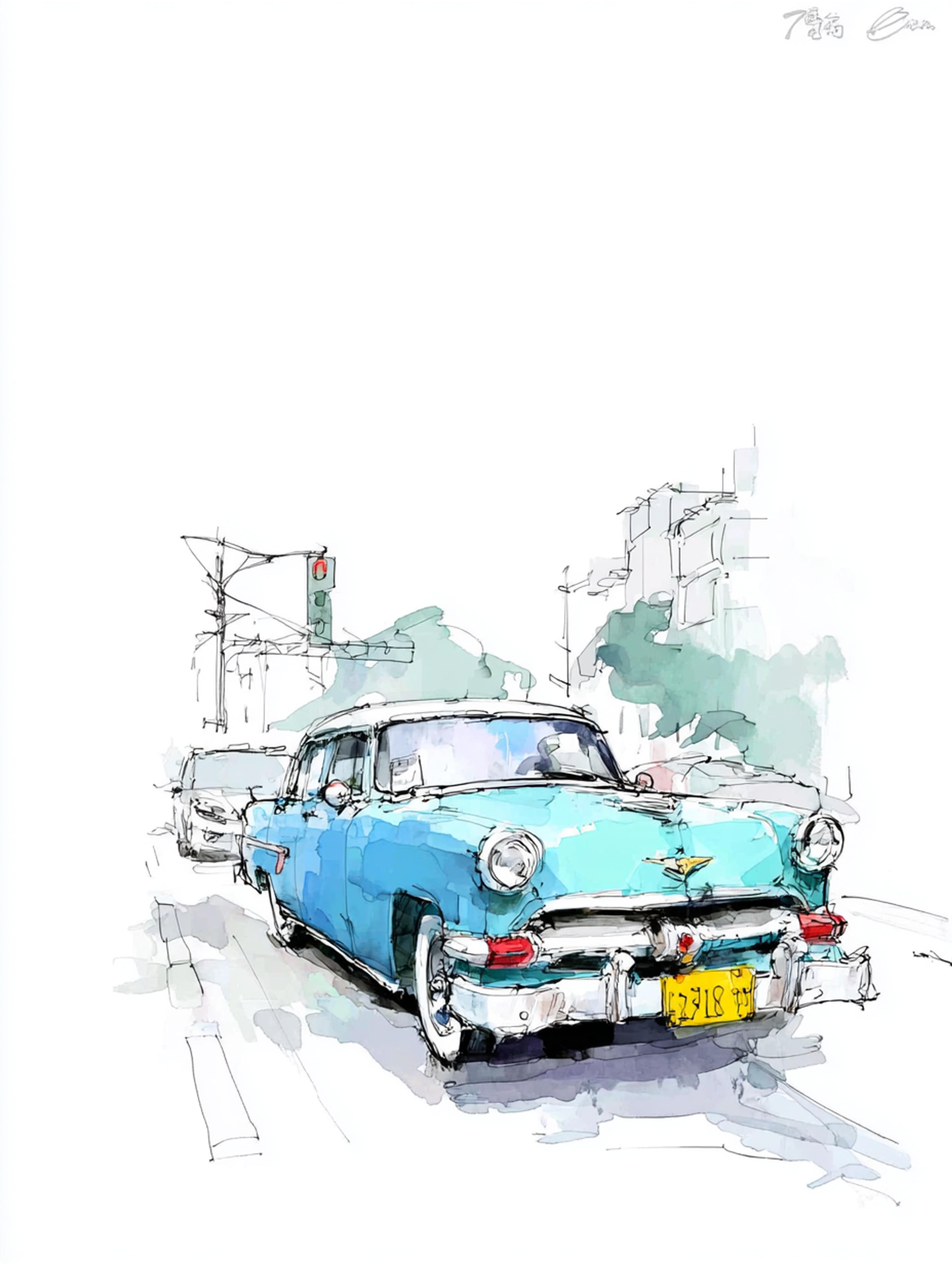 Watercolor and Ink Classic Car Sketch