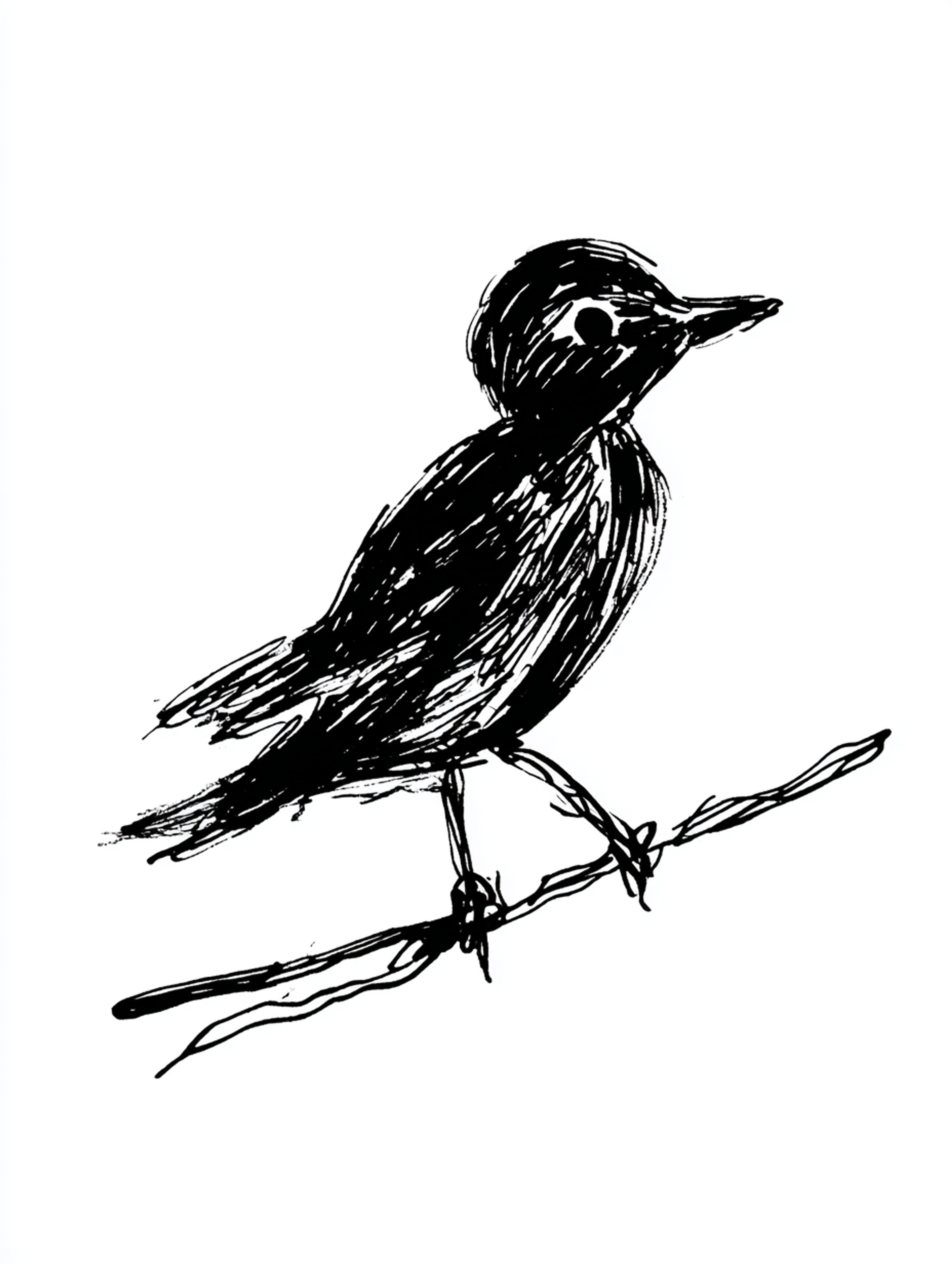 Rough Black Marker Bird on Wire Sketch