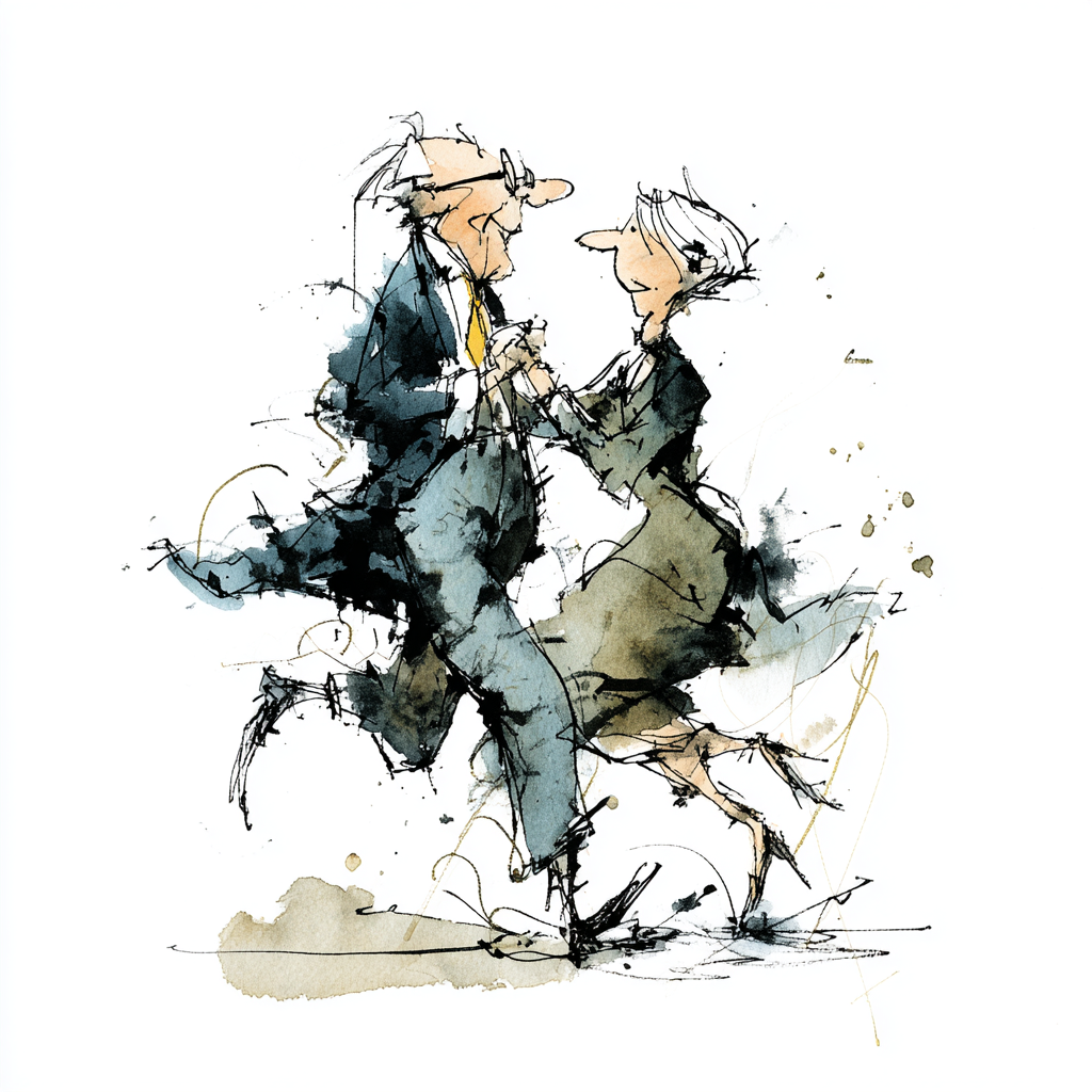 Ink Watercolor Old Couple Ballroom Dancing Illustration