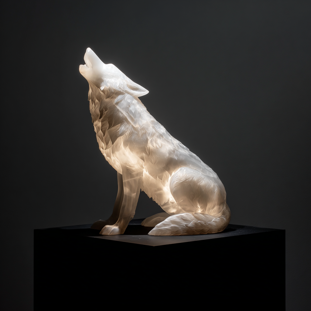 Hyperrealistic Carved Wolf Howling Sculpture