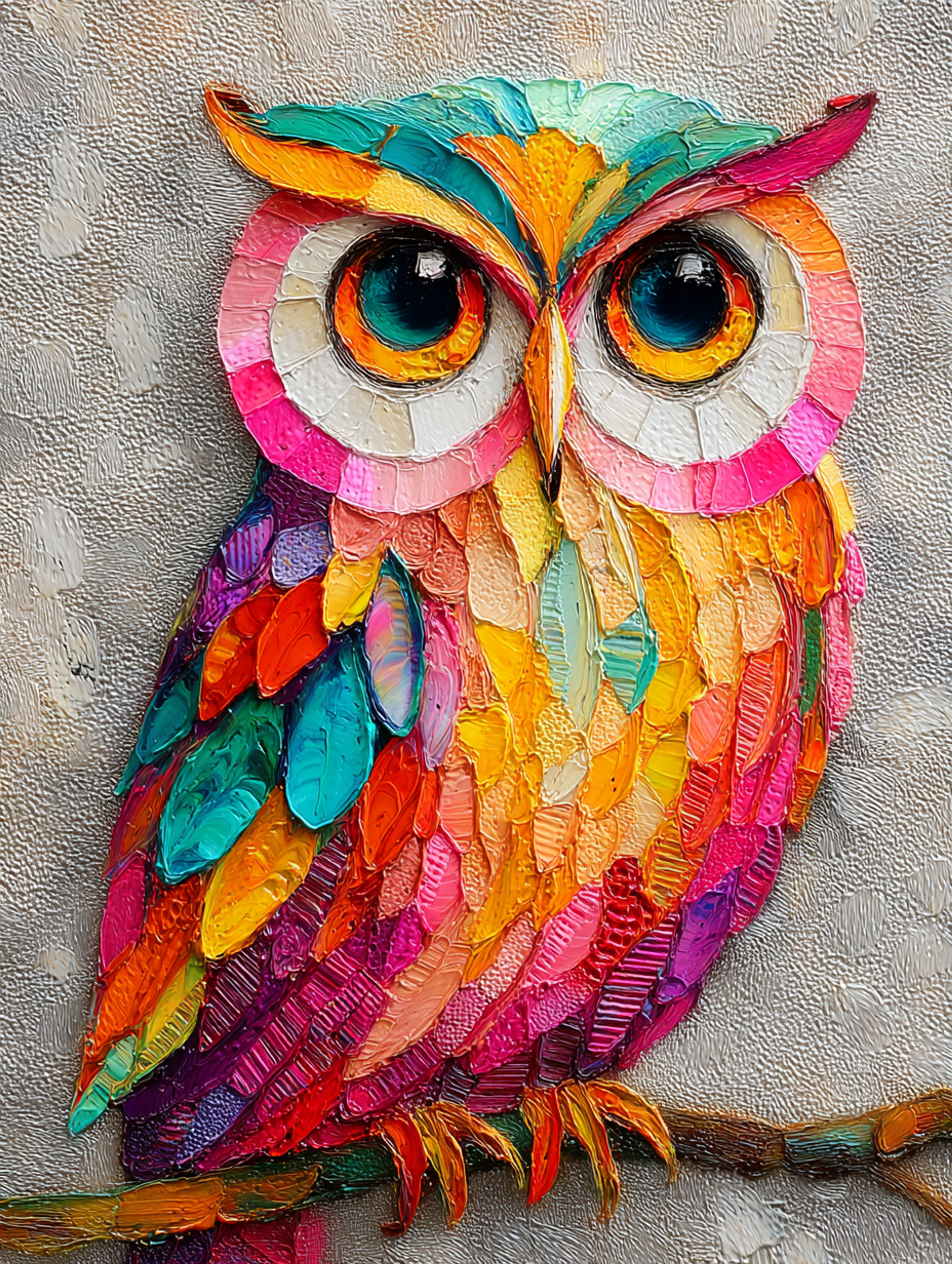 Vibrant Textured Impasto Oil Wise Owl Painting