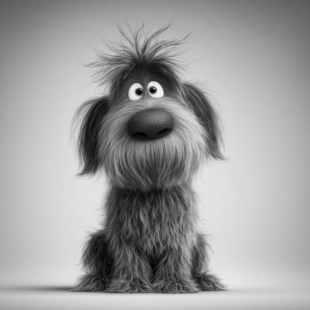 Black and White Shaggy Dog Cartoon Portrait
