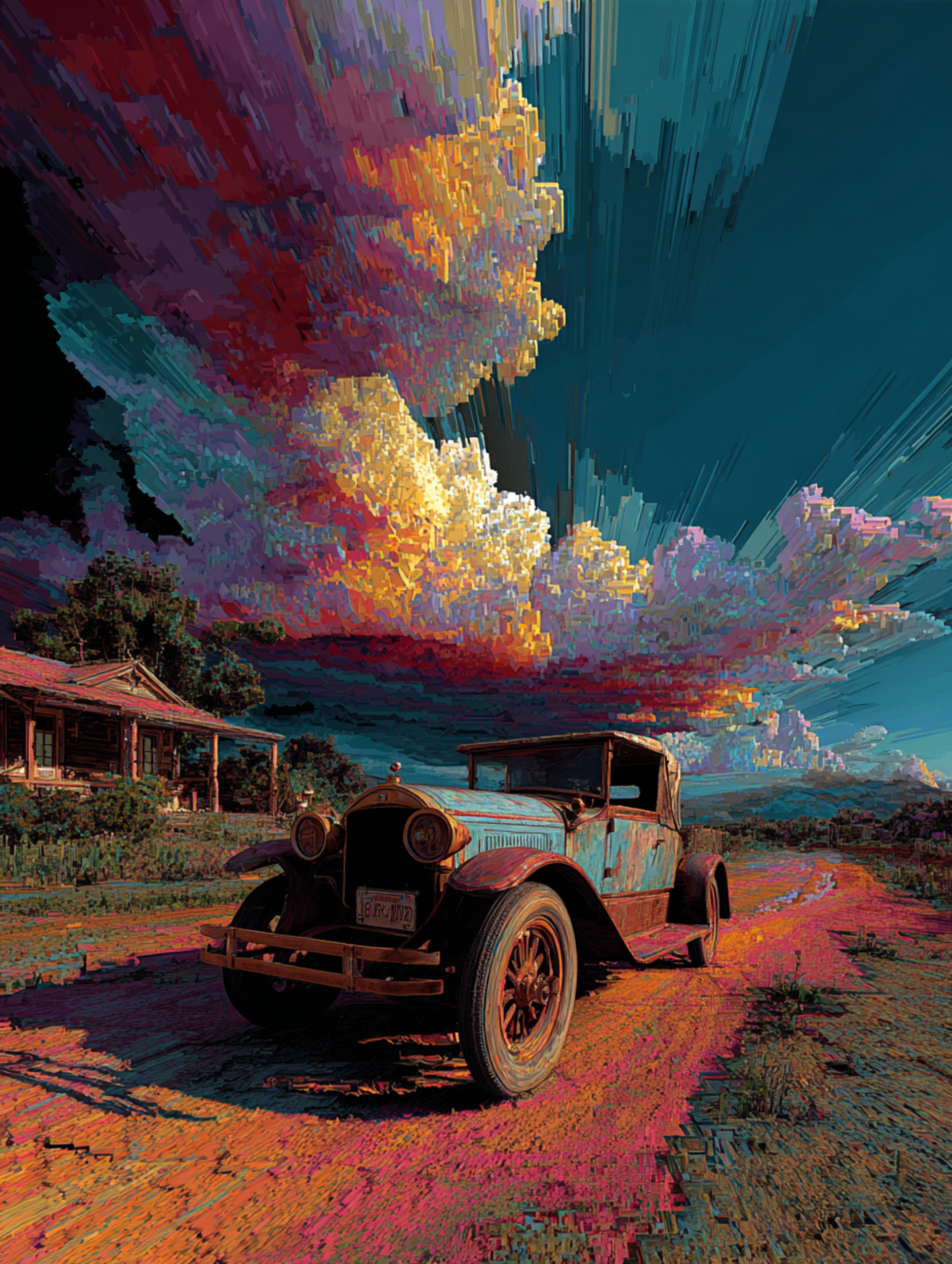 Glitchy Impasto Vintage Car Painting
