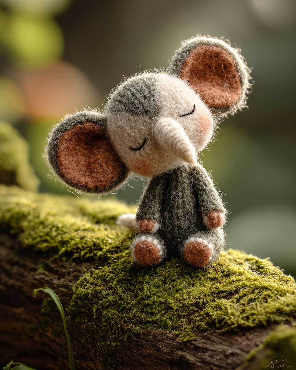 Tiny Felted Elephant Mossy Log Photo