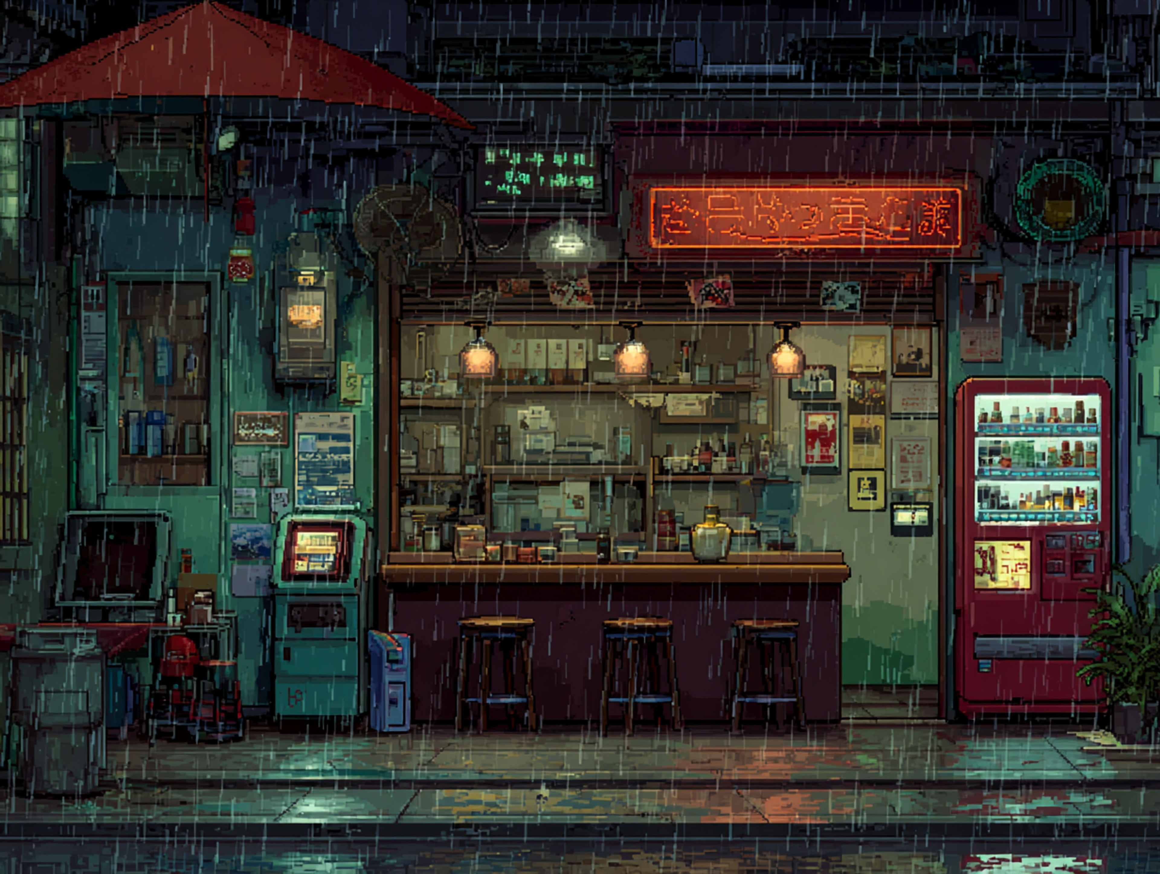 Cyberpunk Noodle Bar on Rainy Landscape Scene Composition 3