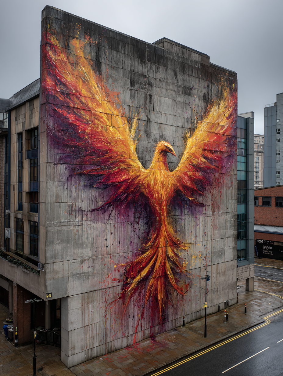 Photorealistic Magnificent Phoenix with Fiery Wings Graffiti Mural