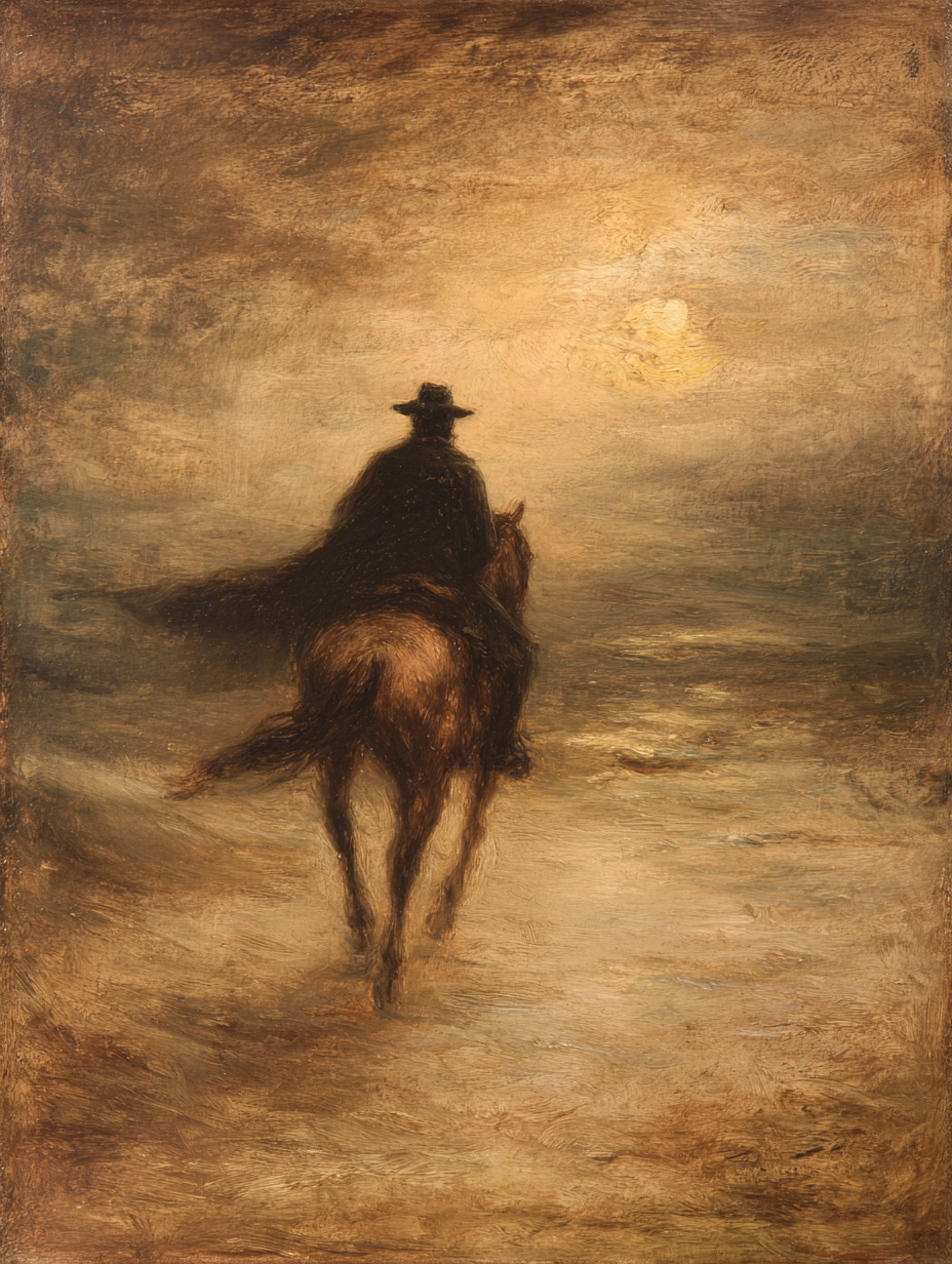 Moody Classical Oil Knight on Horseback at Dusk Painting
