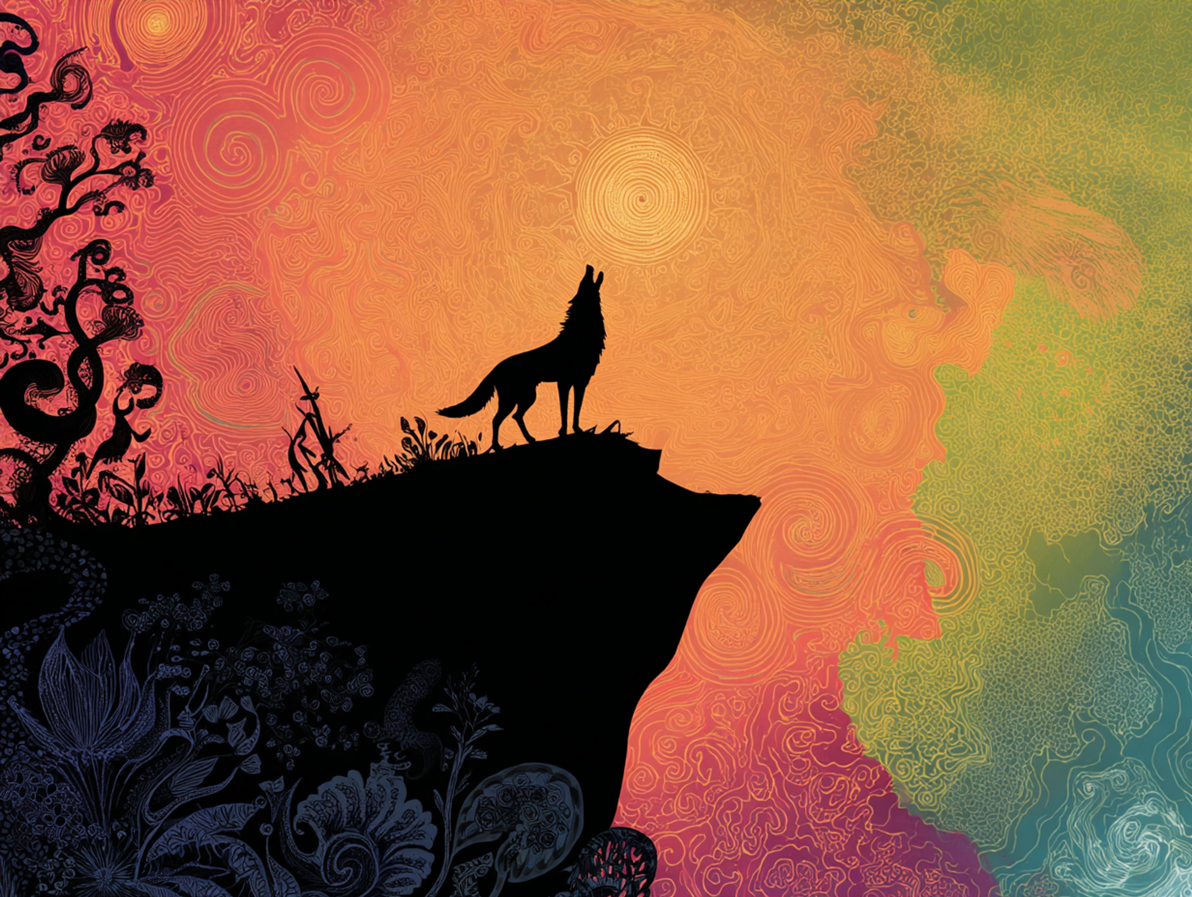 Silhouette Howling Wolf on Clifftop Illustration