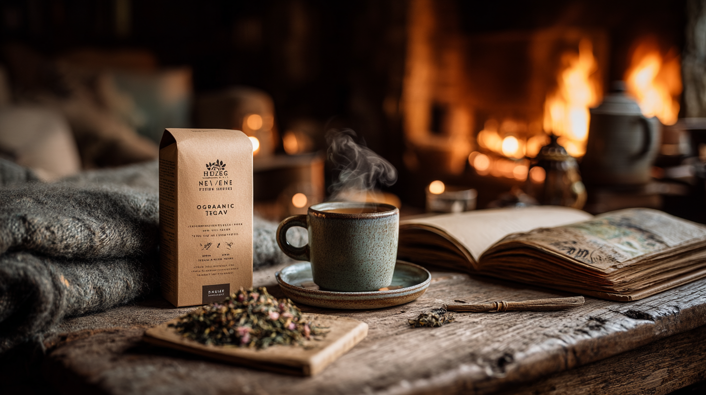 Organic Herbal Tea Packaging with Steaming Mug Photo
