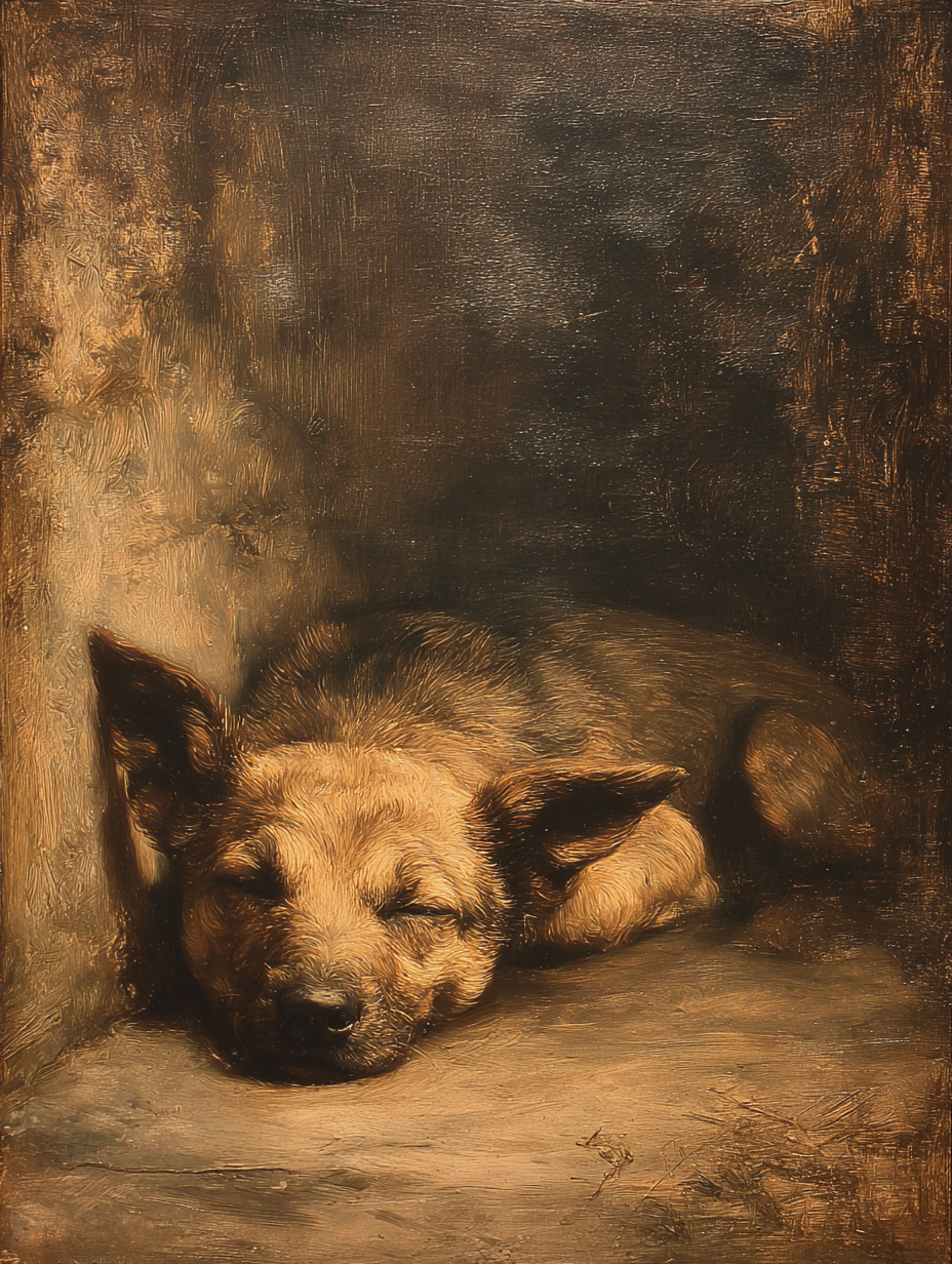Moody Classical Oil Sleeping Dog by a Fireplace Painting