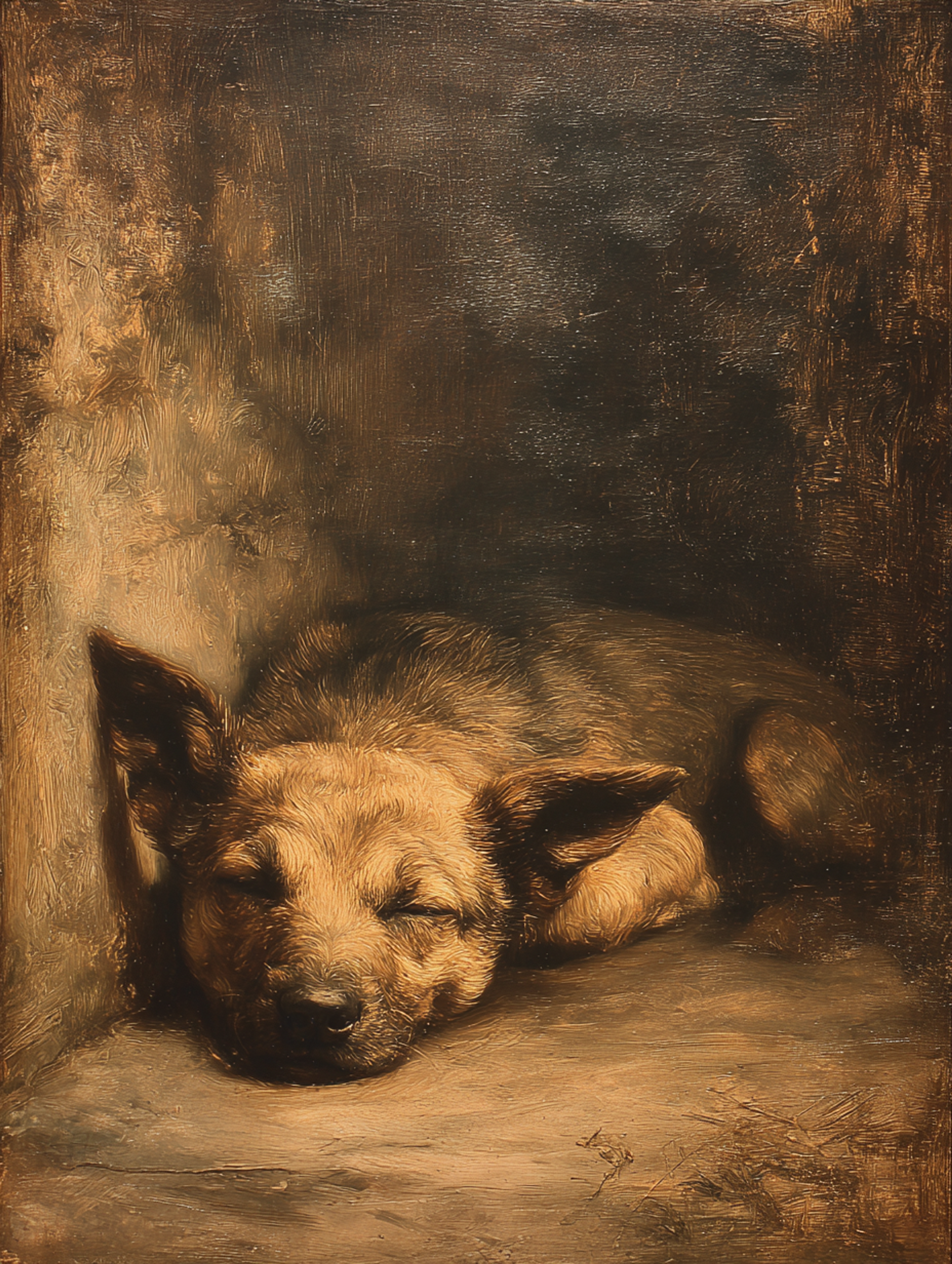 Moody Classical Oil Sleeping Dog by a Fireplace Painting